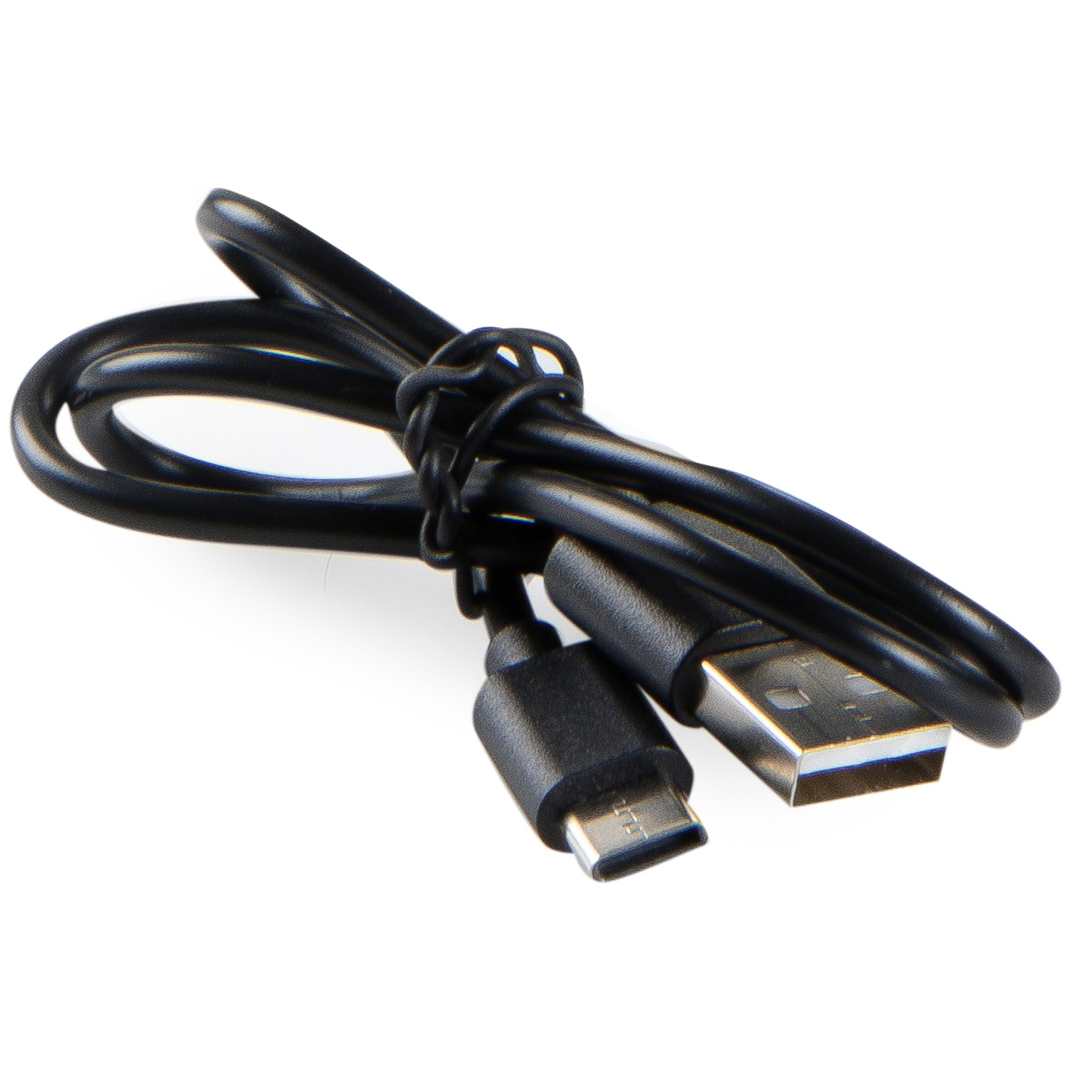 Un câble USB noir enroulé avec des connecteurs USB-A et USB-C sur fond blanc.