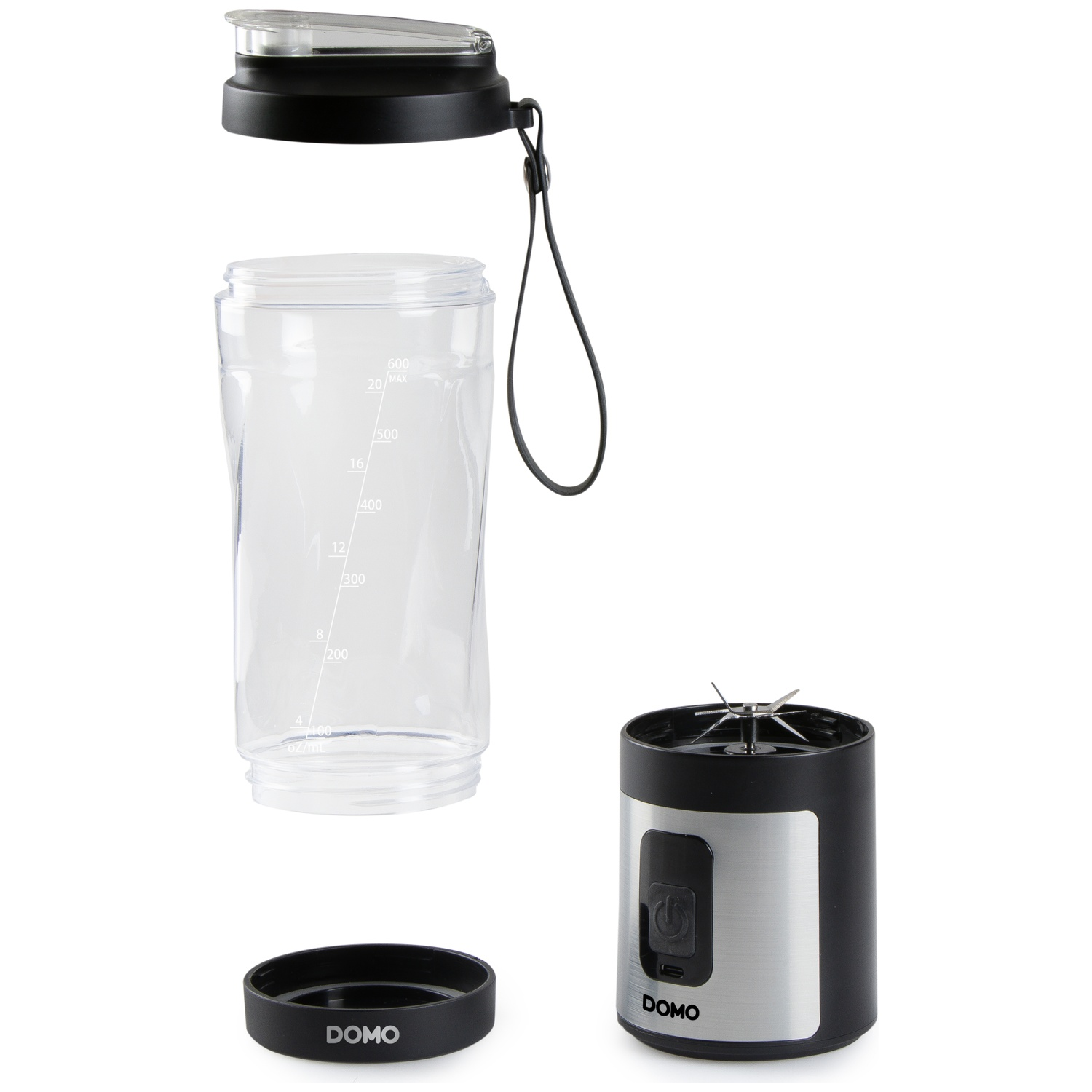 Un blender portable démonté avec gobelet transparent, couvercle noir, base et lames sur fond blanc.