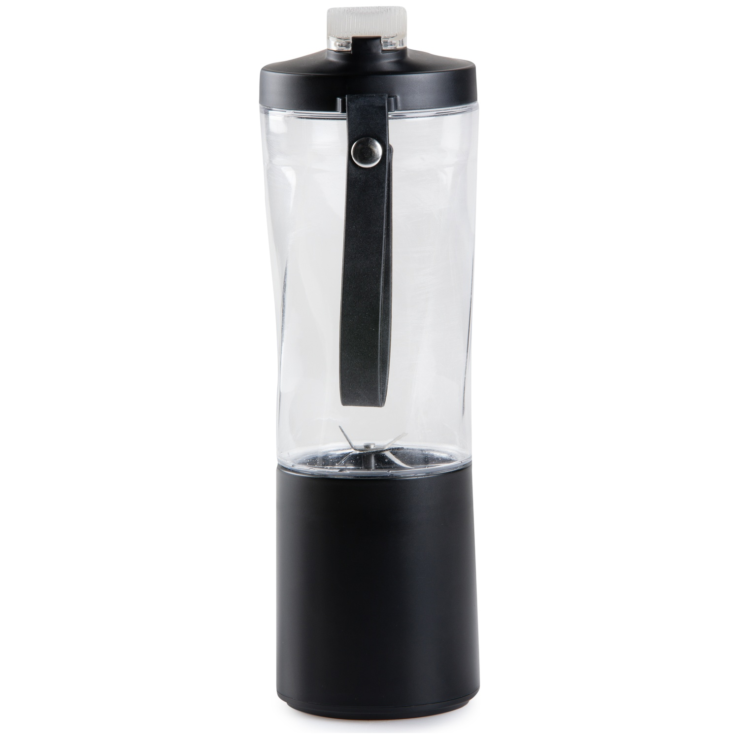 Un blender noir portable avec tasse en plastique transparent, couvercle et sangle noire sur fond blanc.