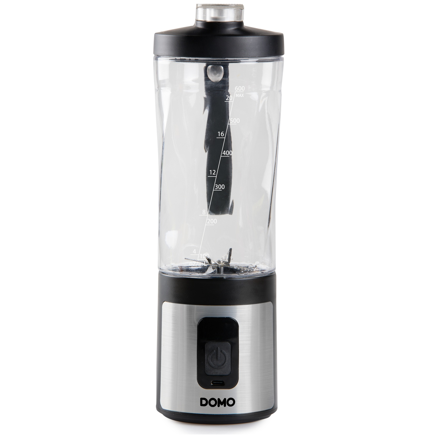 Un mixeur portable noir et argenté avec une bouteille transparente, des graduations et un bouton d'alimentation DOMO.