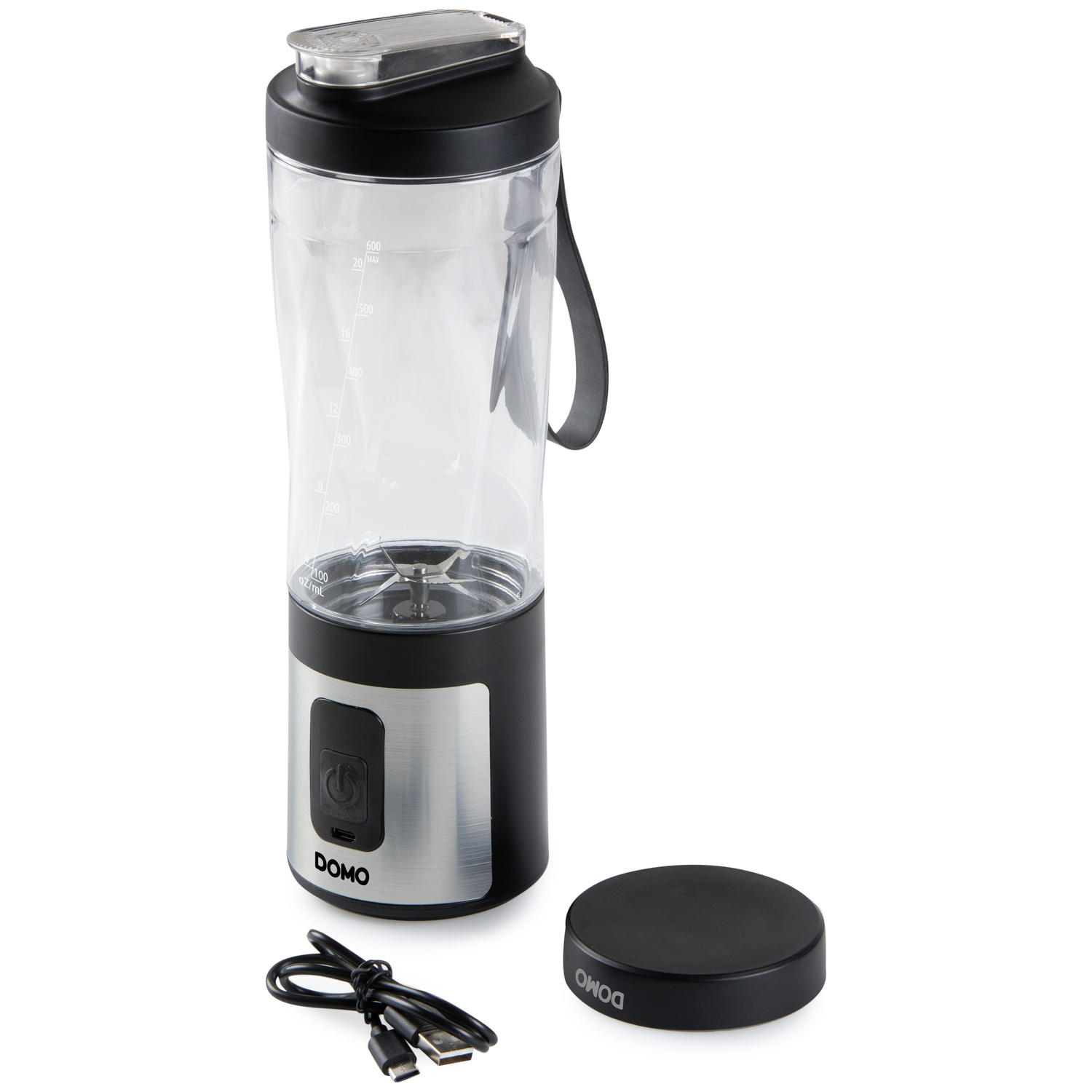 Mélangeur noir portable avec tasse transparente, câble de chargement et couvercle noir séparé sur fond blanc.