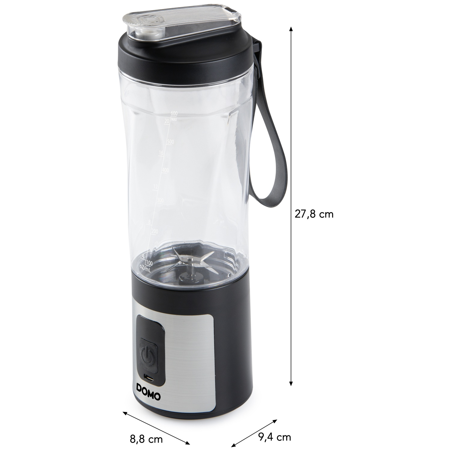 Un blender portable avec couvercle noir, graduations et dimensions de 27,8 x 8,8 x 9,4 cm.