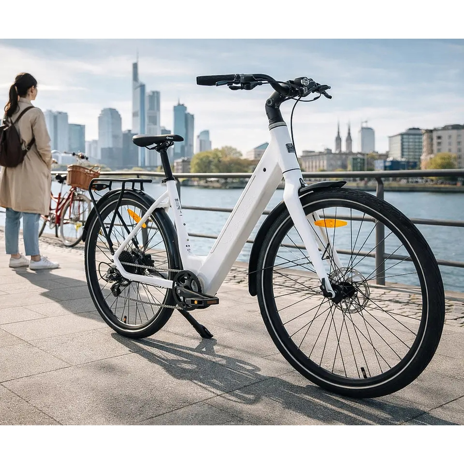 Un vélo électrique blanc garé sur les quais avec une ligne d'horizon urbaine.