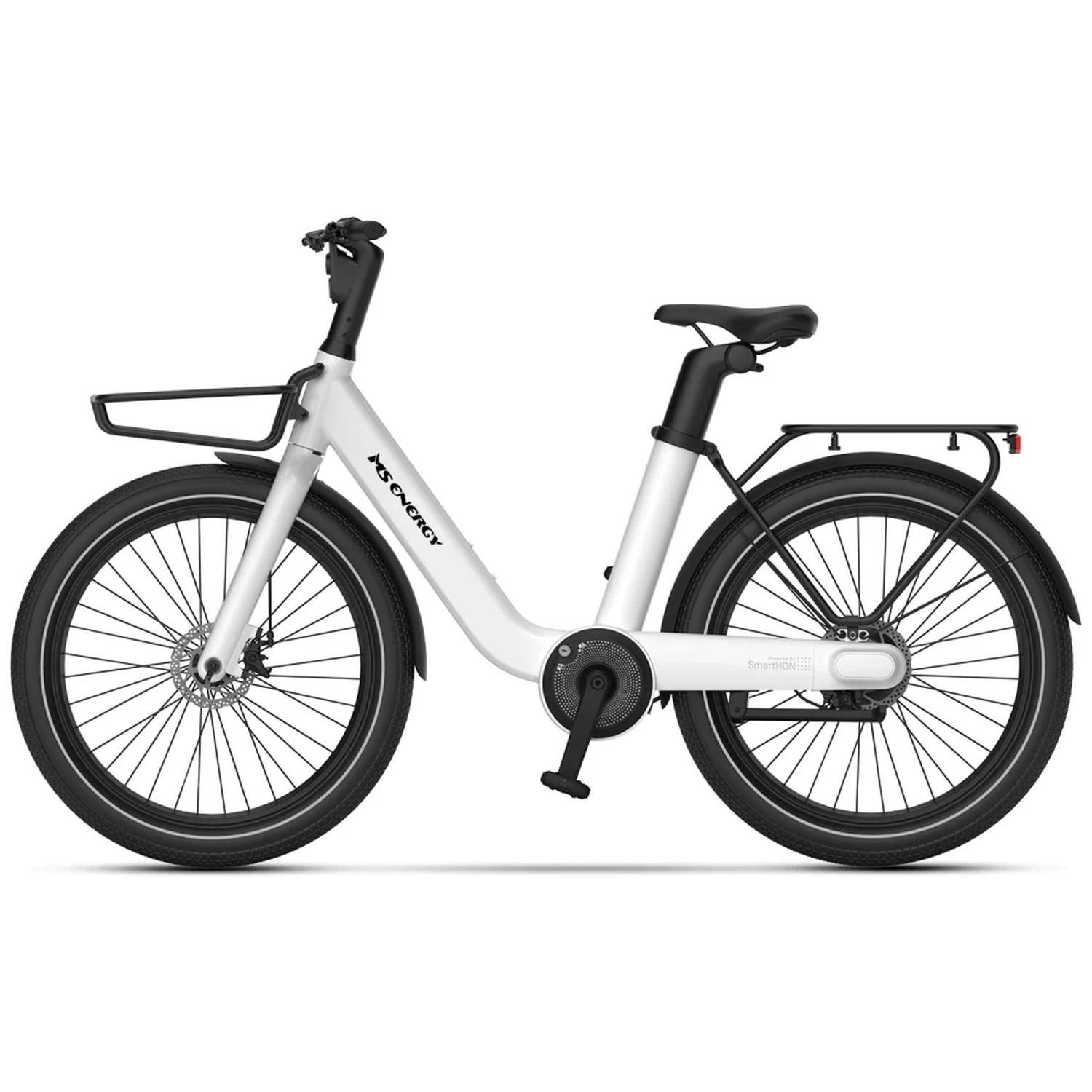 White electric bicycle with black saddle, front and rear racks, and disc brakes against a white background.