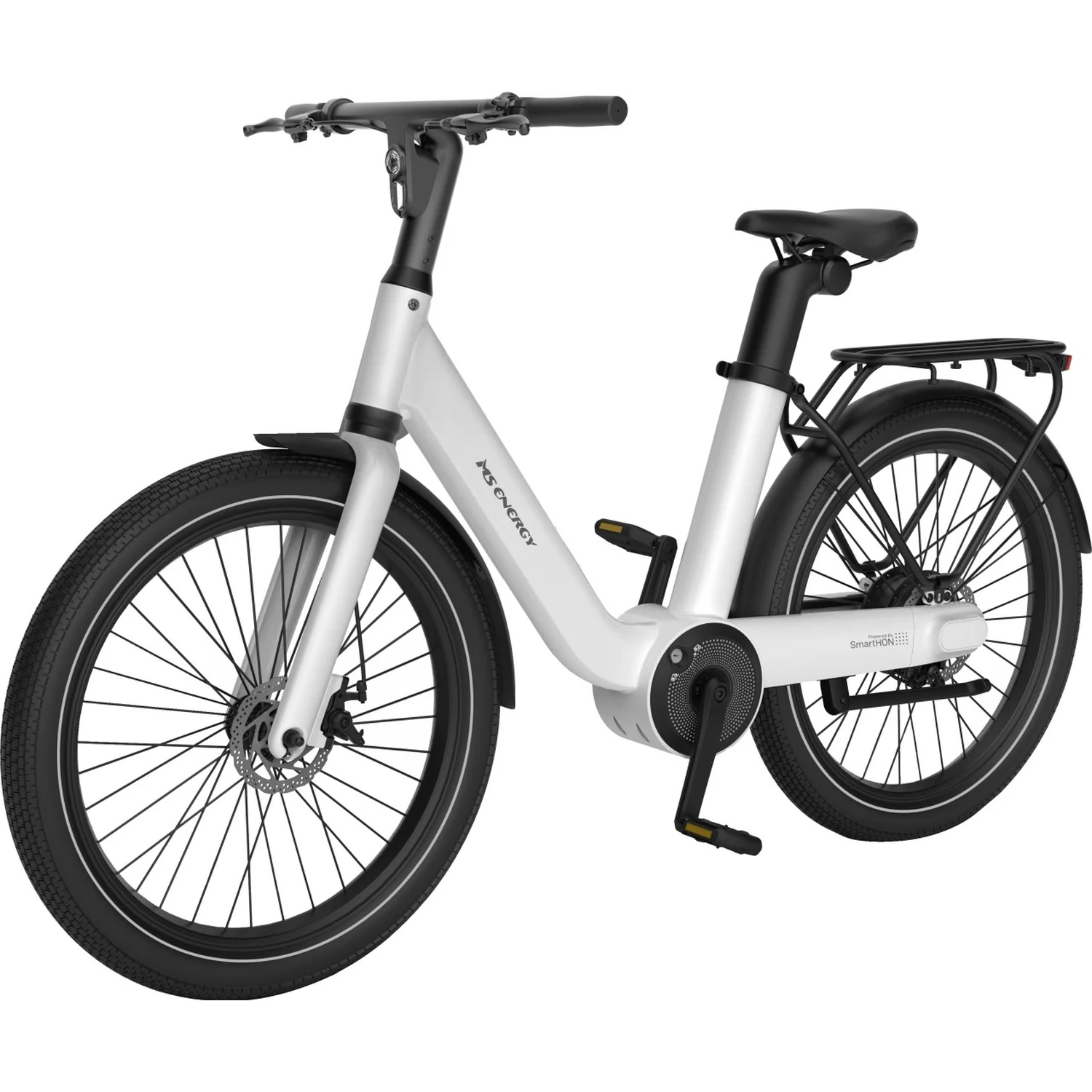 A white electric bicycle with a black saddle, handlebars, and rear rack against a white background.