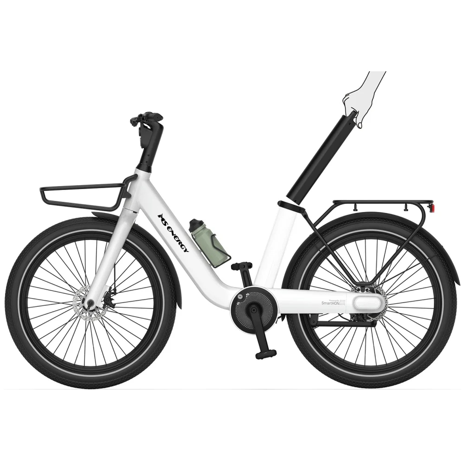 A hand removes the battery from a white electric bicycle with front and rear racks and a water bottle.