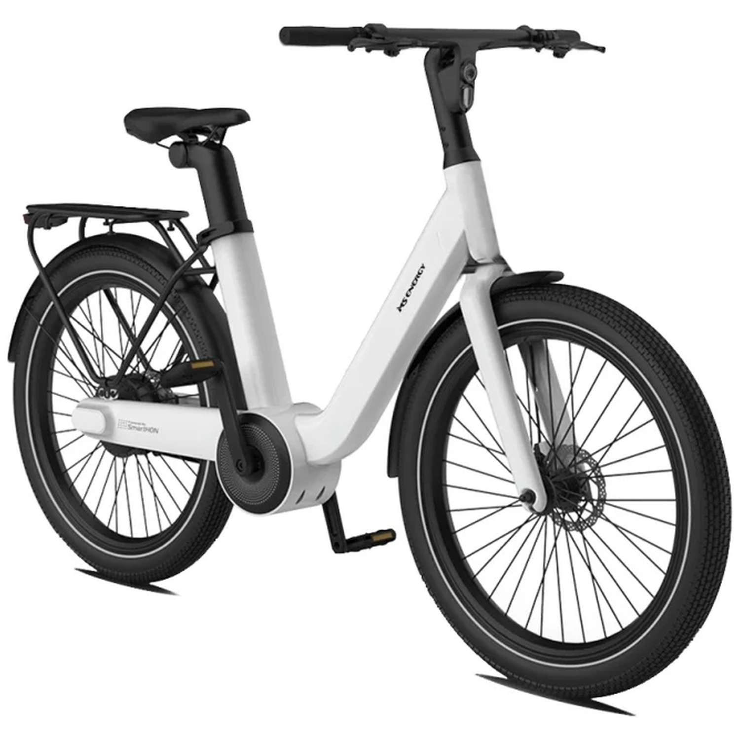 White electric bicycle with a black saddle, rear rack, and thick tires on a white background.