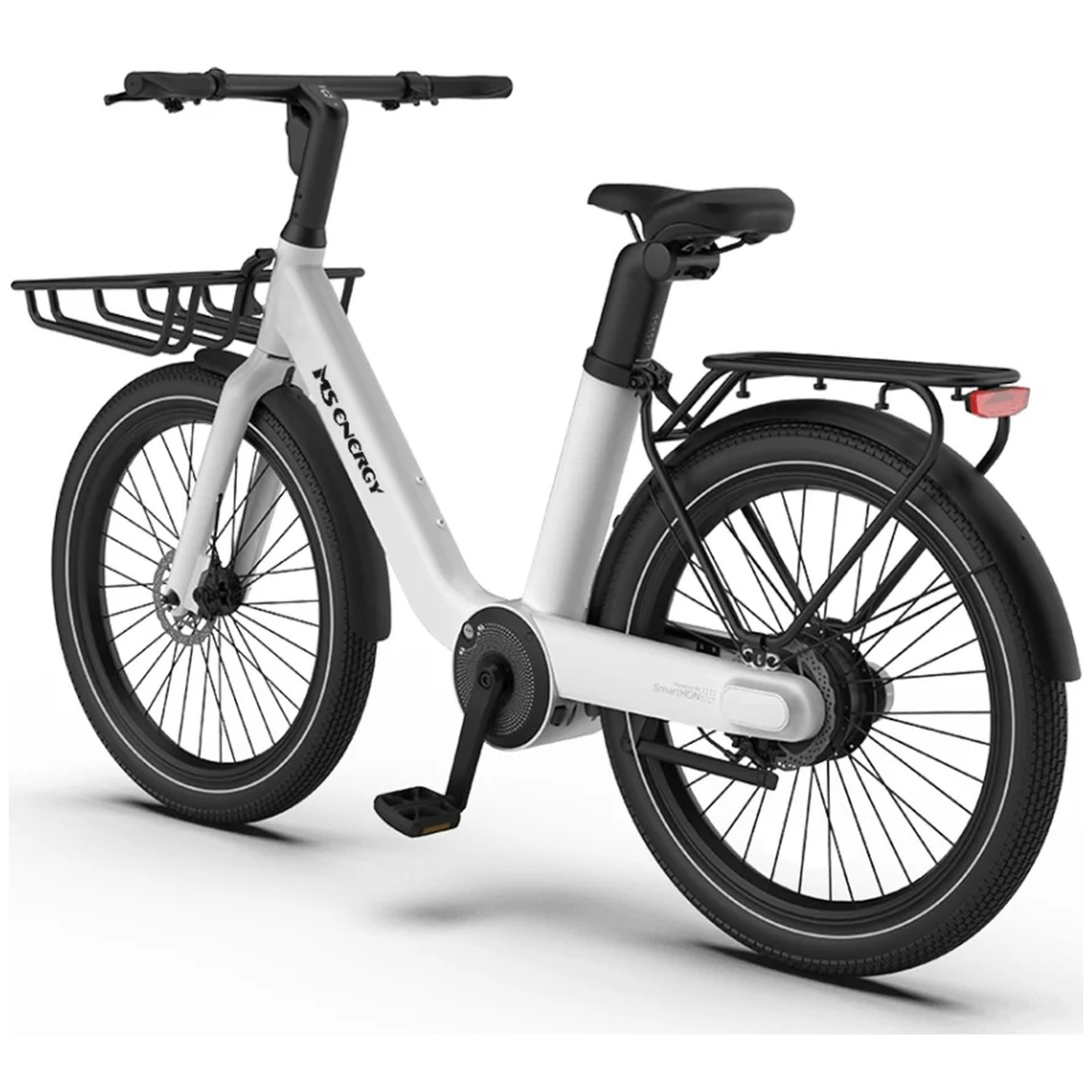 A white electric bicycle with a black saddle, front and rear racks, stands against a white background.