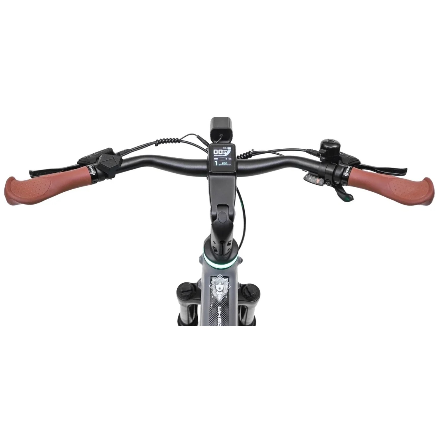 Vue de dessus du guidon d'un vélo avec poignées marron, écran central et commandes.