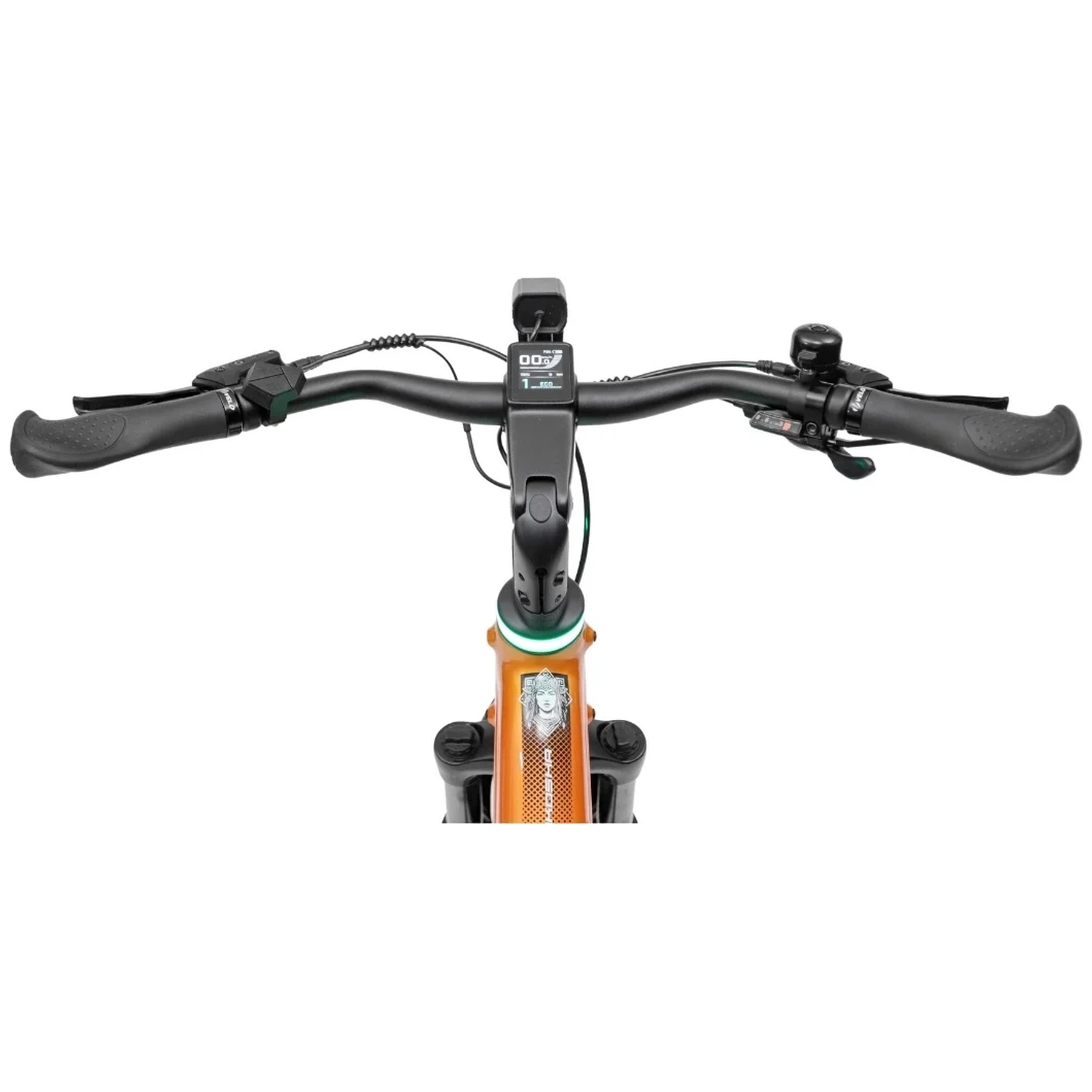 Vue de face d'un guidon de vélo électrique avec écran et cadre orange sur fond blanc.