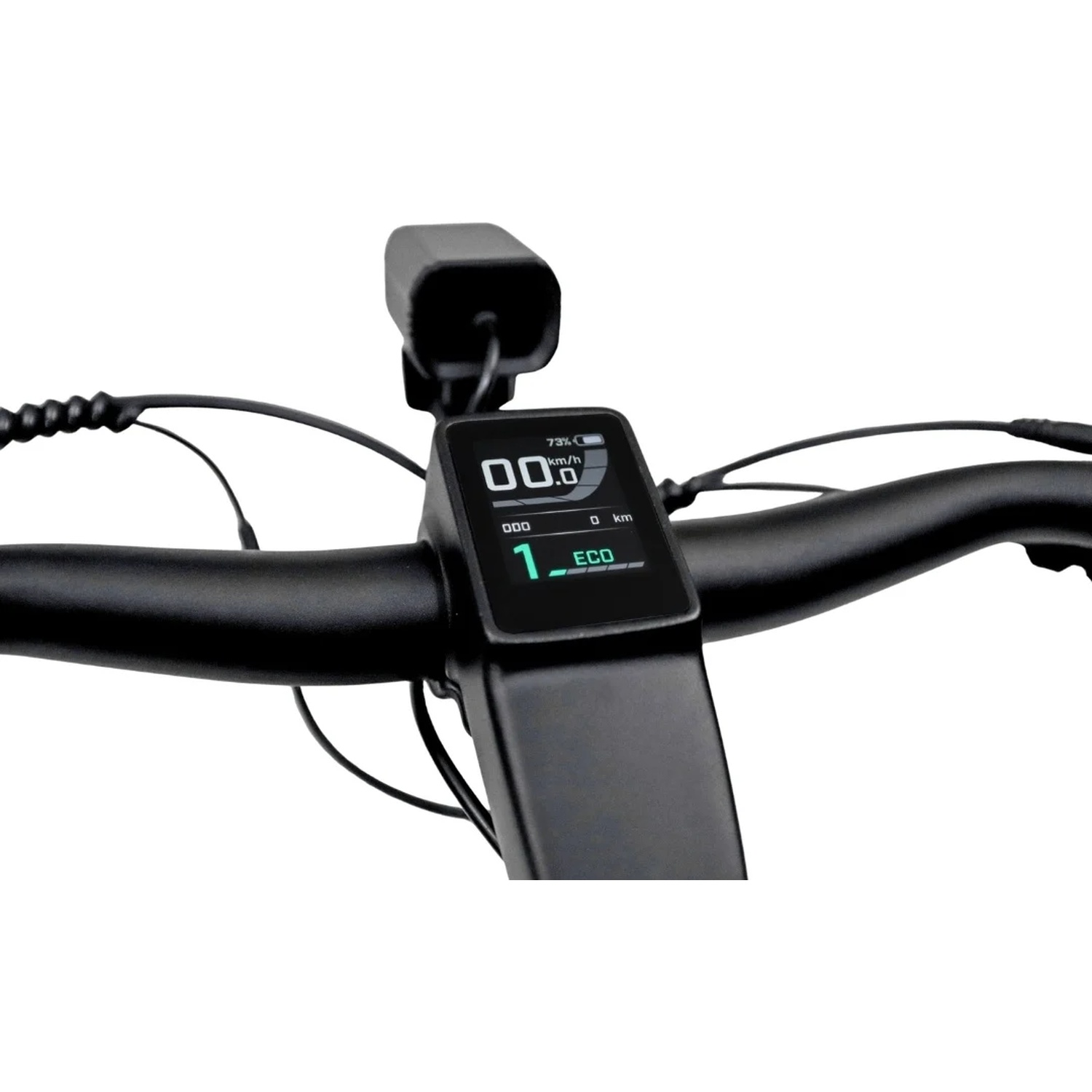 Cintre de vélo électrique noir avec écran numérique central affichant la vitesse, le niveau de batterie et le mode éco.
