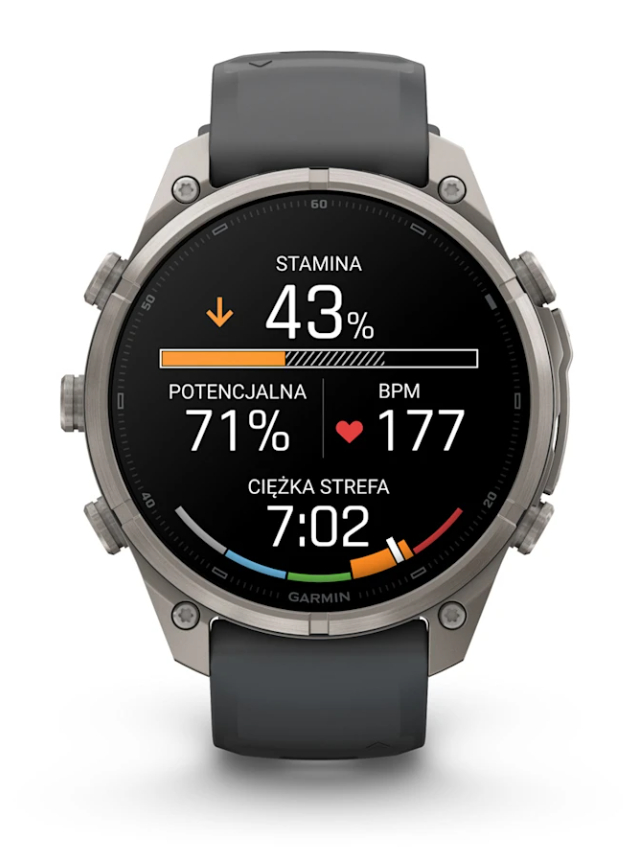 Zegarek sportowy Garmin w szarej kopercie wyświetla parametry treningowe: 43% wytrzymałości i 177 BPM.