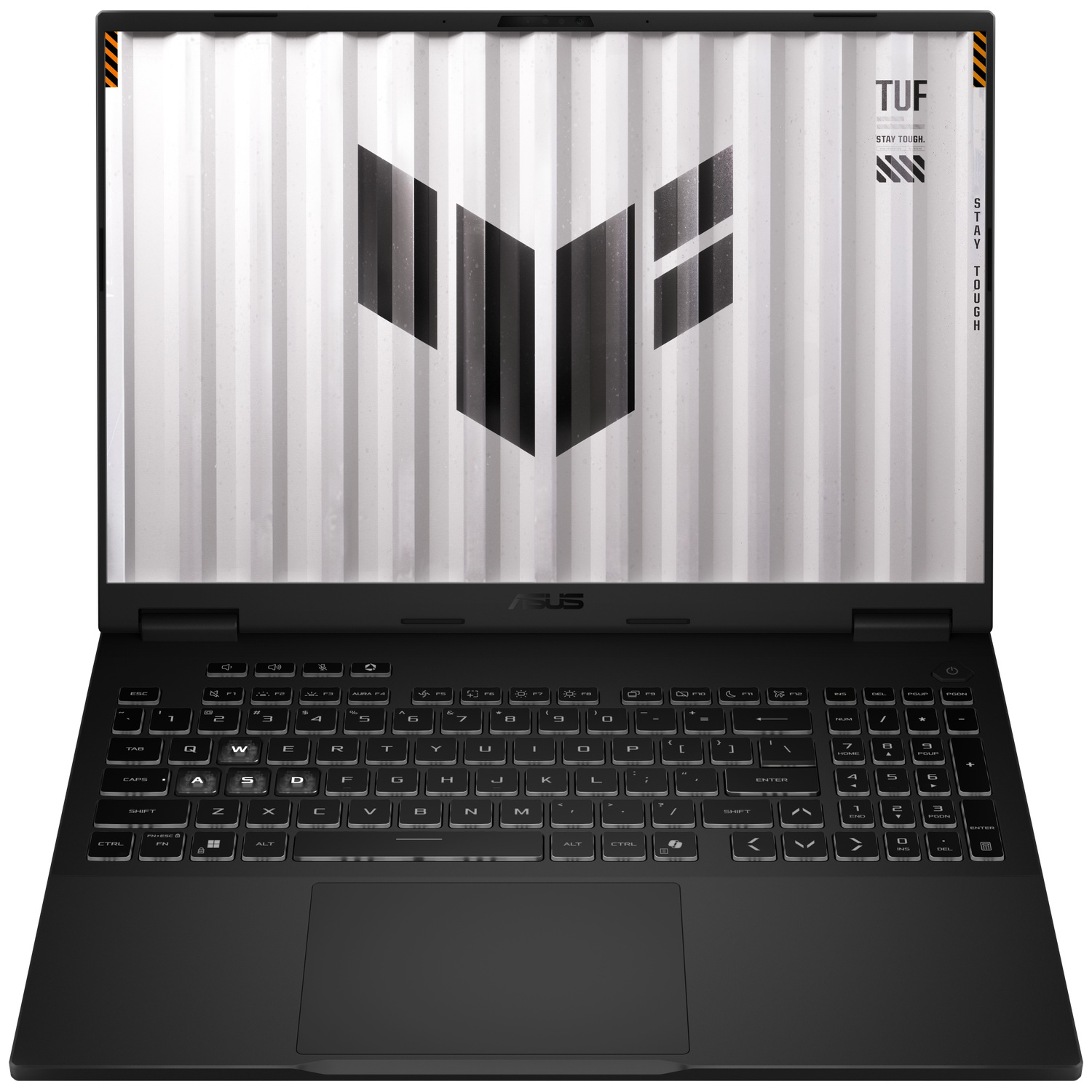 Ordinateur portable de jeu Asus TUF ouvert avec clavier noir et écran de marque.