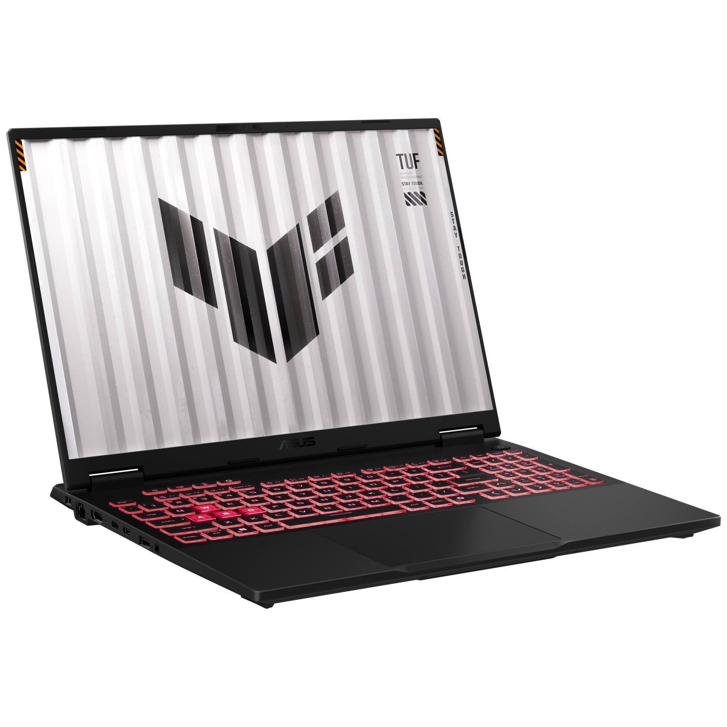Un ordinateur portable de jeu Asus TUF noir avec fond d'écran TUF blanc et clavier rétroéclairé rouge.