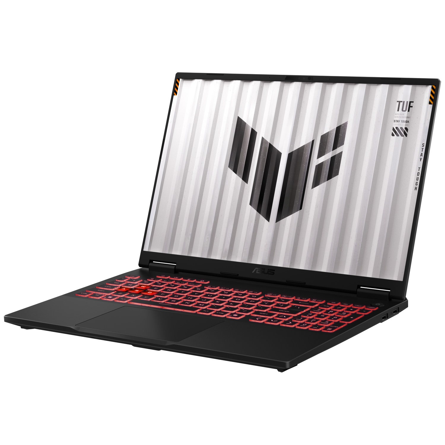 Un ordinateur portable gamer ASUS TUF noir avec touches rétroéclairées rouges et fond d'écran de la marque.