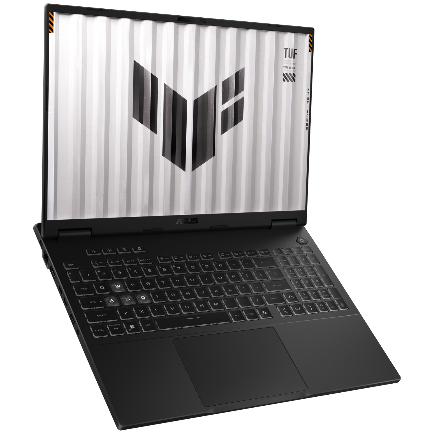 Un ordinateur portable de jeu ASUS TUF noir avec l'écran ouvert affichant un fond d'écran TUF.