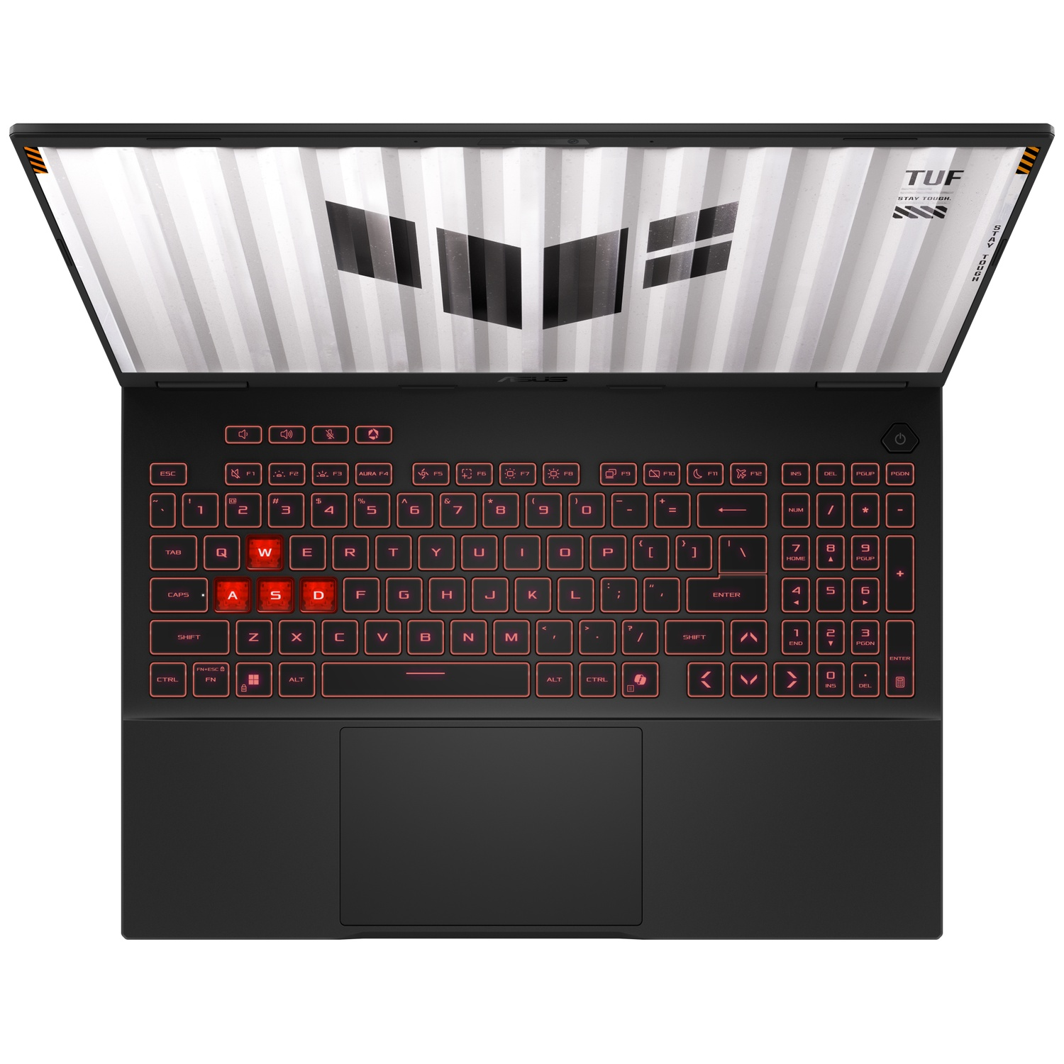 Vue de dessus d'un ordinateur portable de jeu Asus TUF noir avec des touches rétroéclairées en rouge.