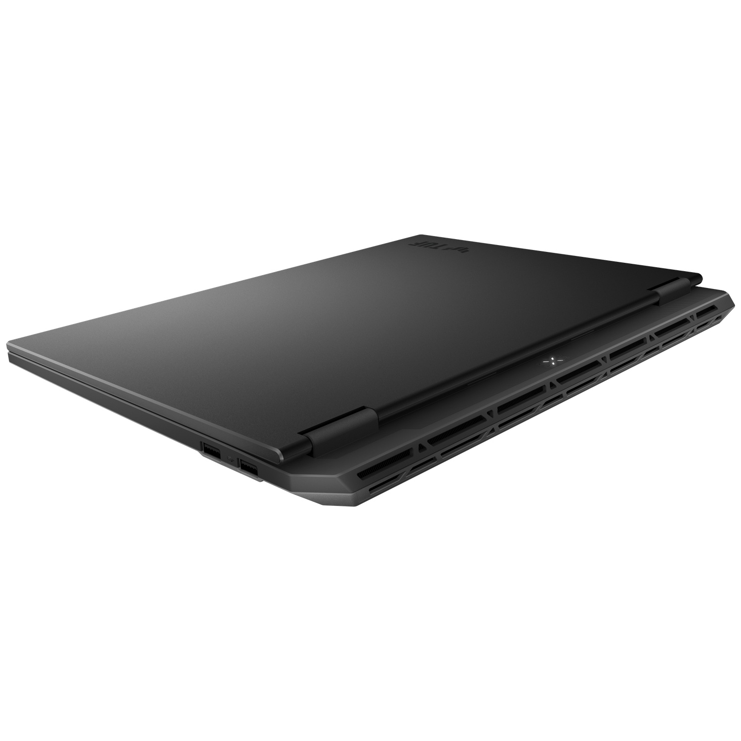 Gros plan d'un ordinateur portable noir fermé montrant l'arrière avec des grilles de ventilation et des ports.