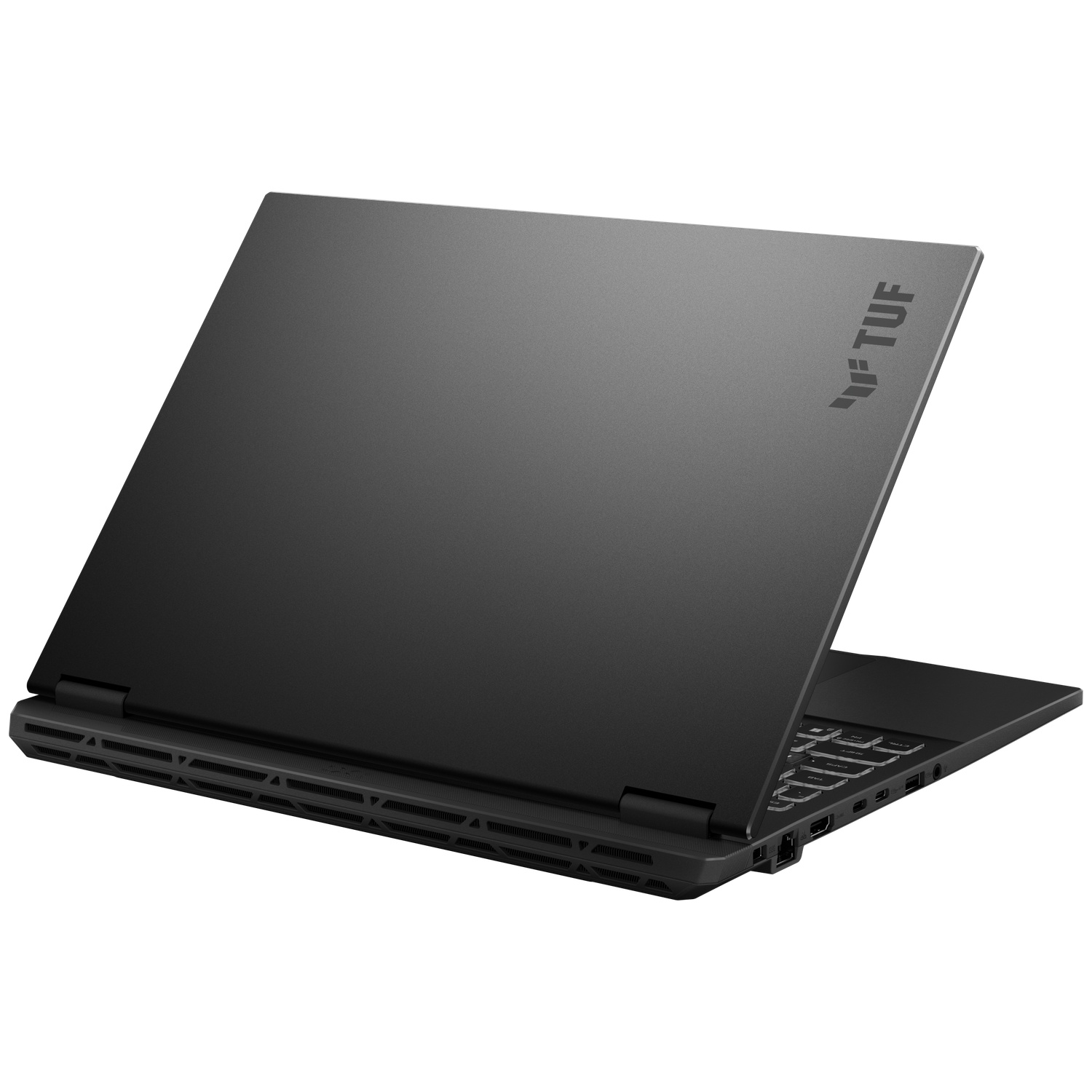Un ordinateur portable de jeu Asus TUF noir entrouvert vu de l'arrière, avec le logo TUF sur le couvercle en métal.