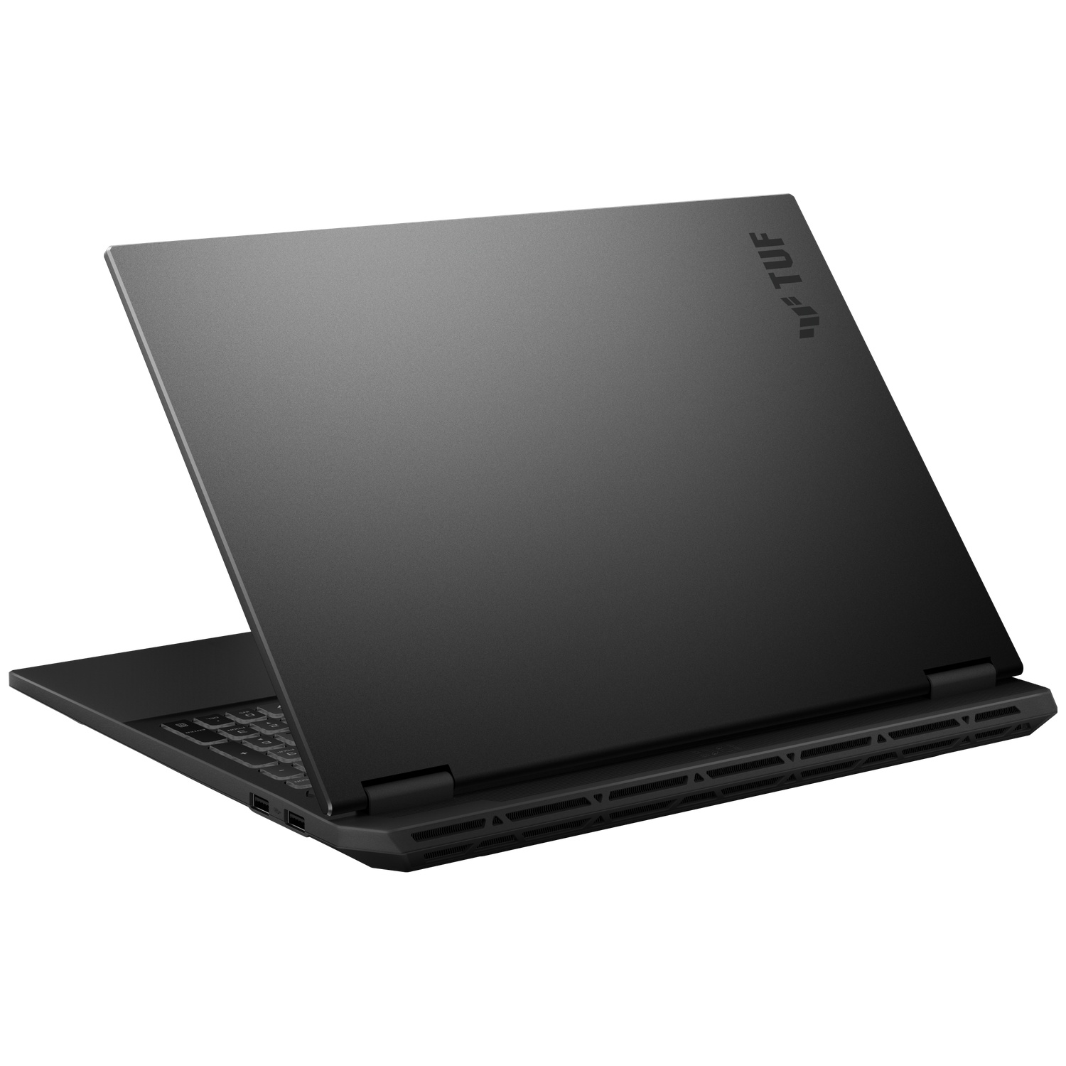 Un ordinateur portable de jeu ASUS TUF noir sur surface blanche, couvercle fermé tourné vers l'observateur.