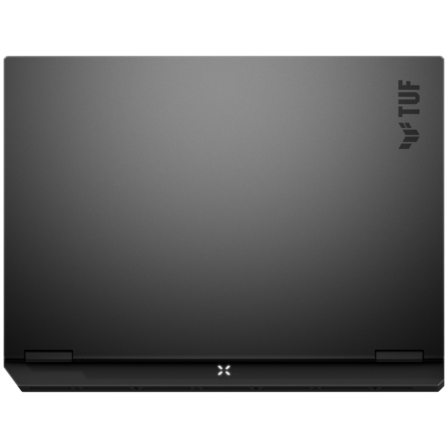 Couvercle d'ordinateur portable gris foncé avec logo TUF et indicateur en forme de X.