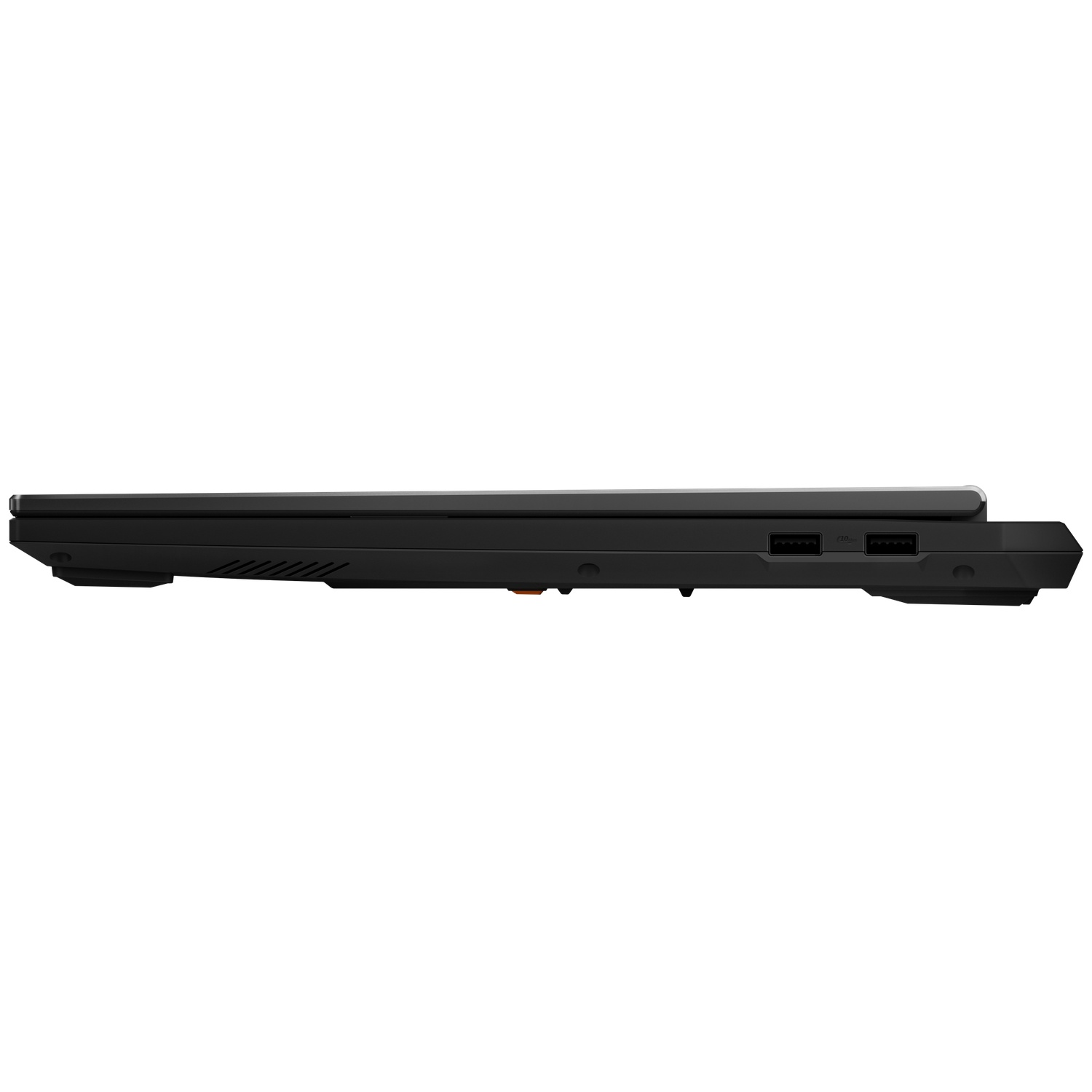 Vue latérale d'un ordinateur portable noir fermé avec des ports USB.