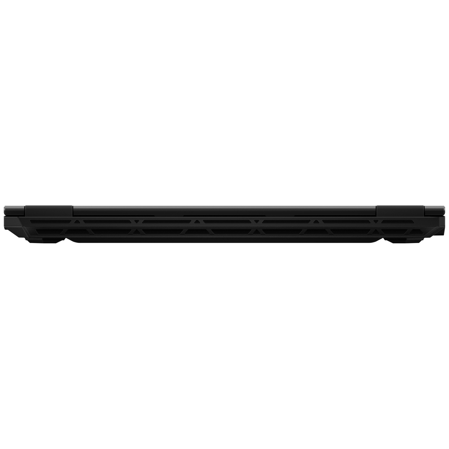 Vue arrière d'un ordinateur portable noir avec des grilles de ventilation intégrées sur fond blanc.
