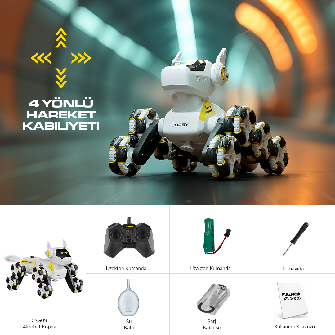 Bölünmüş arka planda çok yönlü tekerlekli beyaz robot köpek, uzaktan kumanda, pil, tornavida ve kullanım kılavuzu.