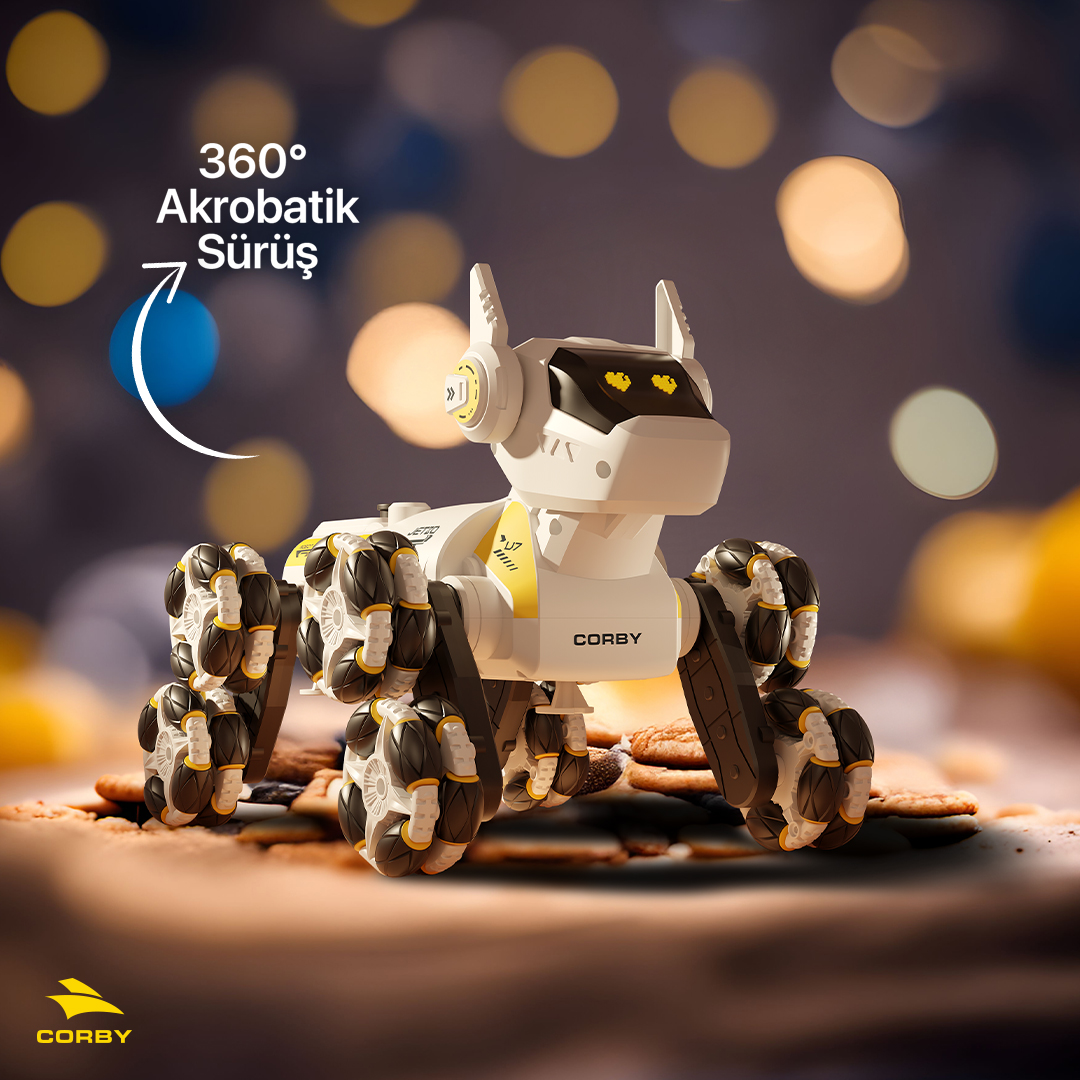 Özel tekerlekli beyaz ve sarı renkli robot köpek, bulanık arka plan önünde bir yüzeyde duruyor.