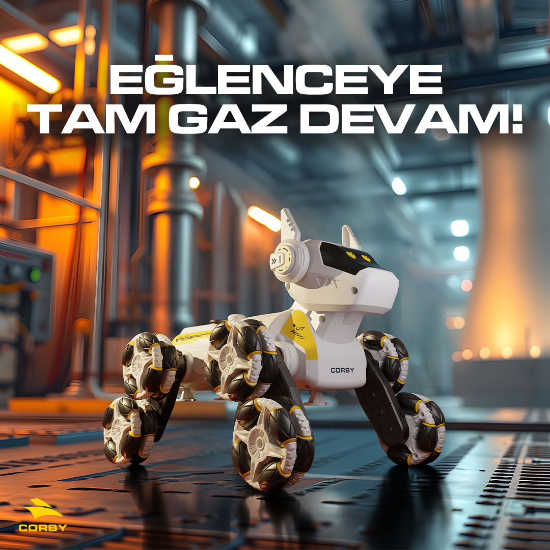 Endüstriyel bir fabrikada Mecanum tekerlekli beyaz robot köpek. Üstte Türkçe yazı.