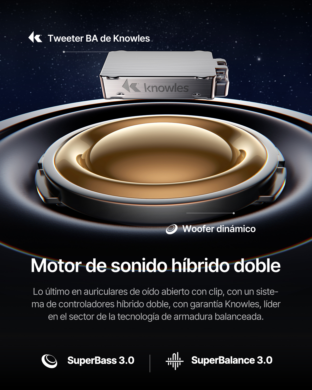 Gráfico técnico que muestra un tweeter Knowles, woofer dinámico y motor de sonido híbrido.