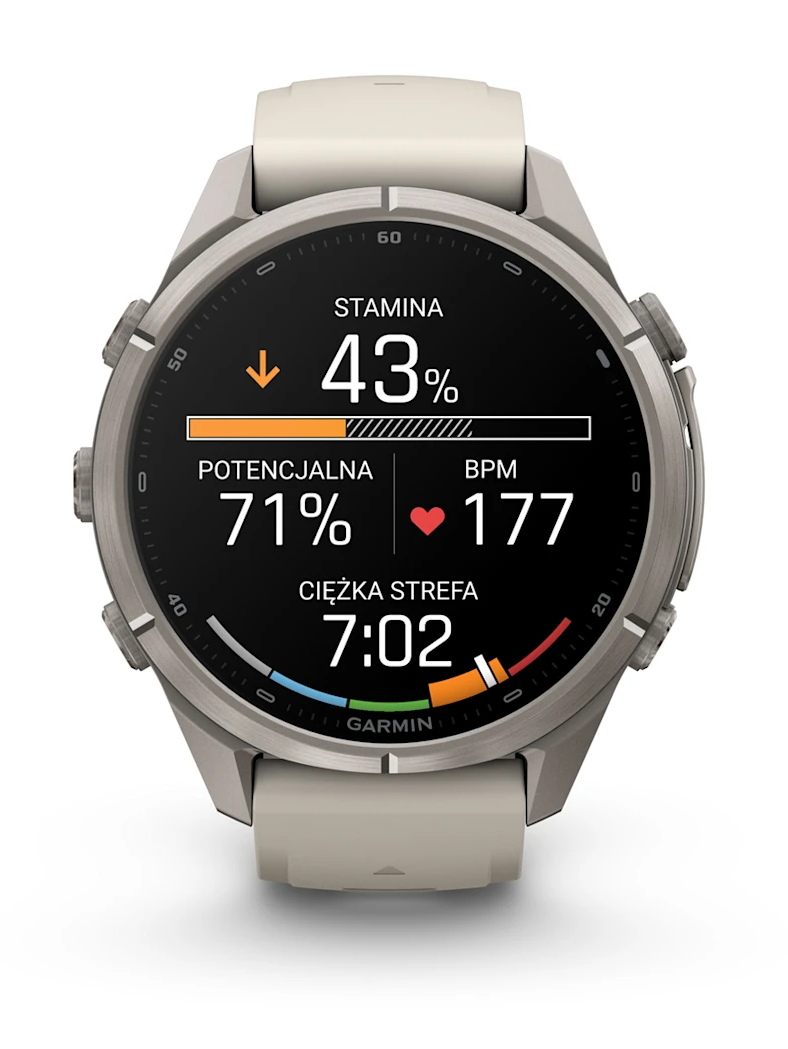 Zegarek sportowy Garmin z cyfrowym ekranem pokazuje poziom wytrzymałości i tętno.