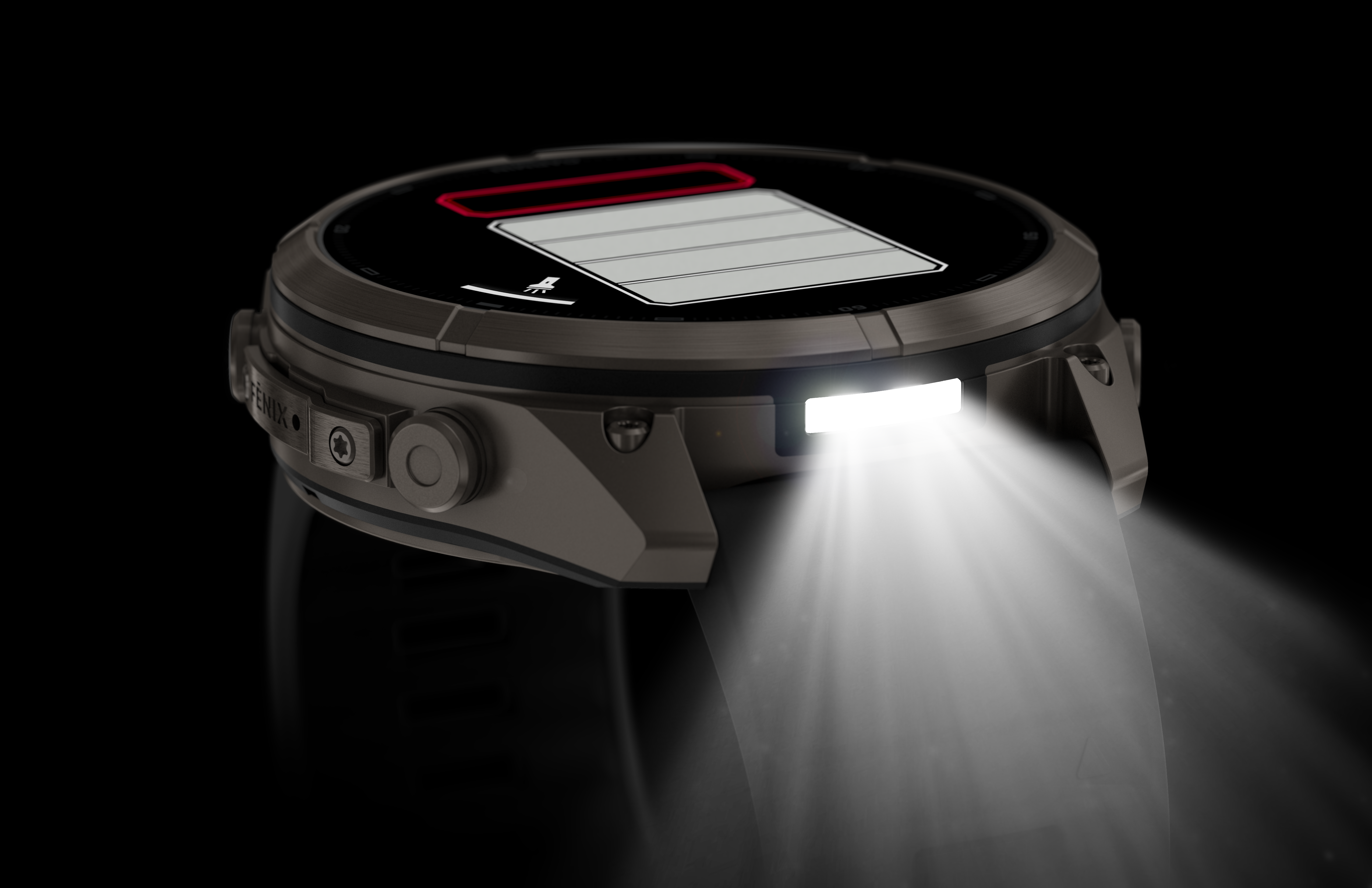 Eine dunkle Smartwatch mit integrierter LED-Taschenlampe, die einen hellen Lichtstrahl gegen einen schwarzen Hintergrund wirft.