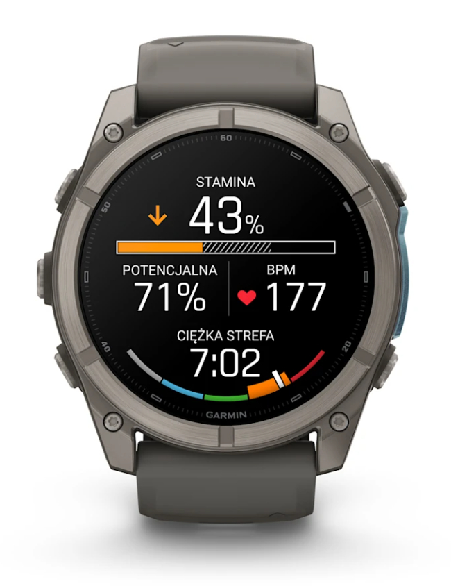 Zegarek sportowy Garmin wyświetla dane treningowe, takie jak wytrzymałość, tętno i strefa.