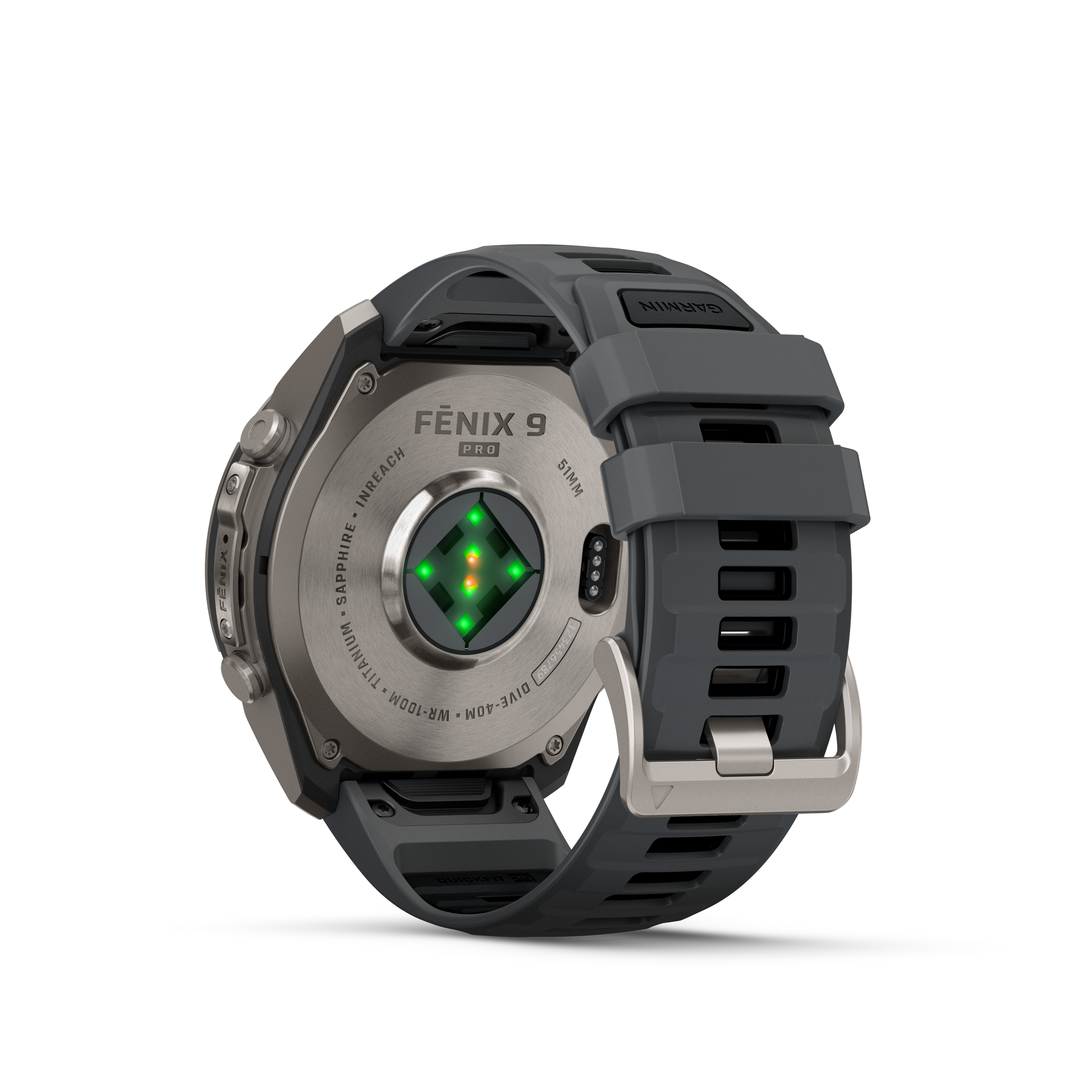 Rückseite einer Garmin Fenix 9 Pro Smartwatch mit Herzfrequenzsensor und grauem Silikonarmband auf schwarzem Grund.