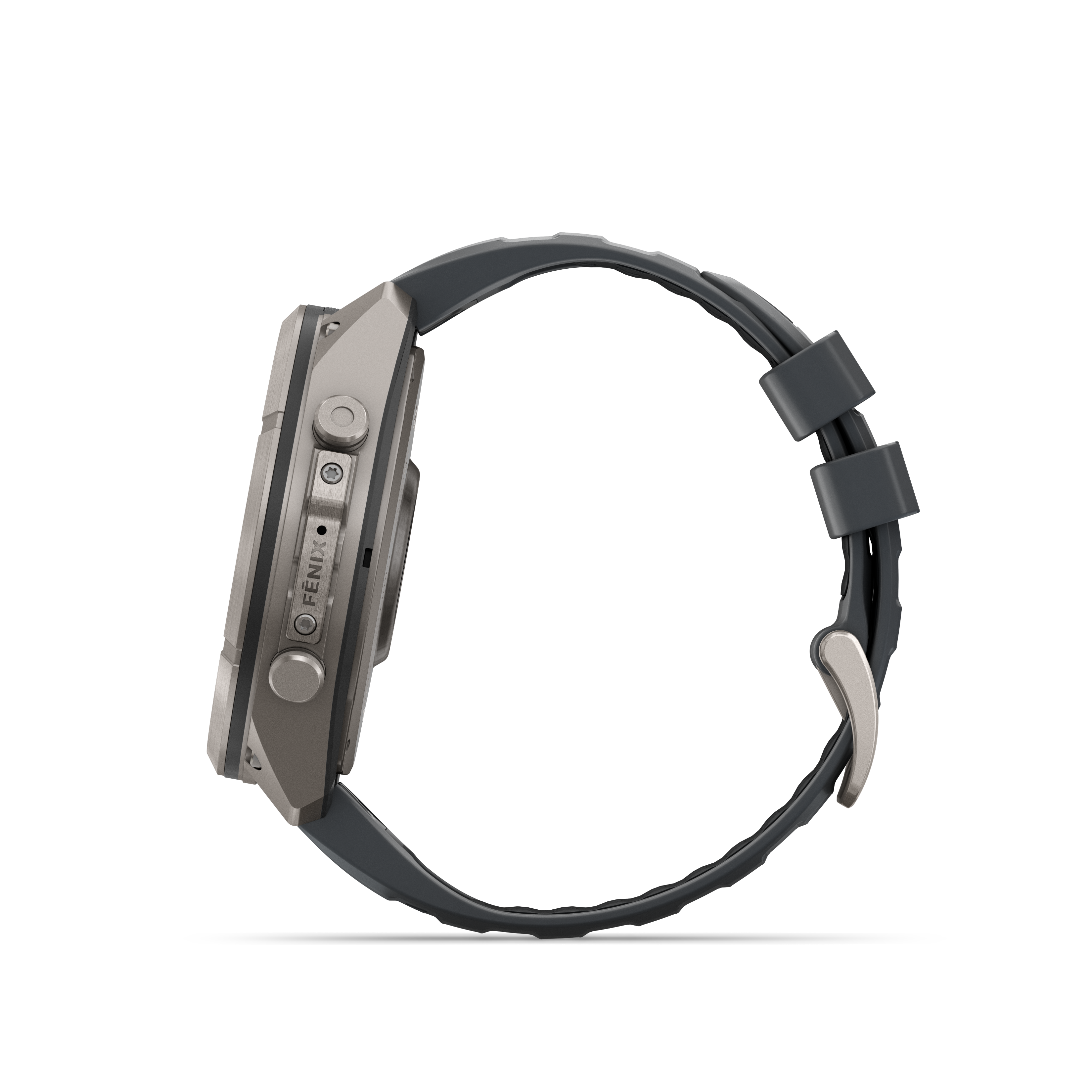 Seitenansicht einer Fenix Smartwatch mit Metallgehäuse und dunklem Silikonarmband vor schwarzem Hintergrund.