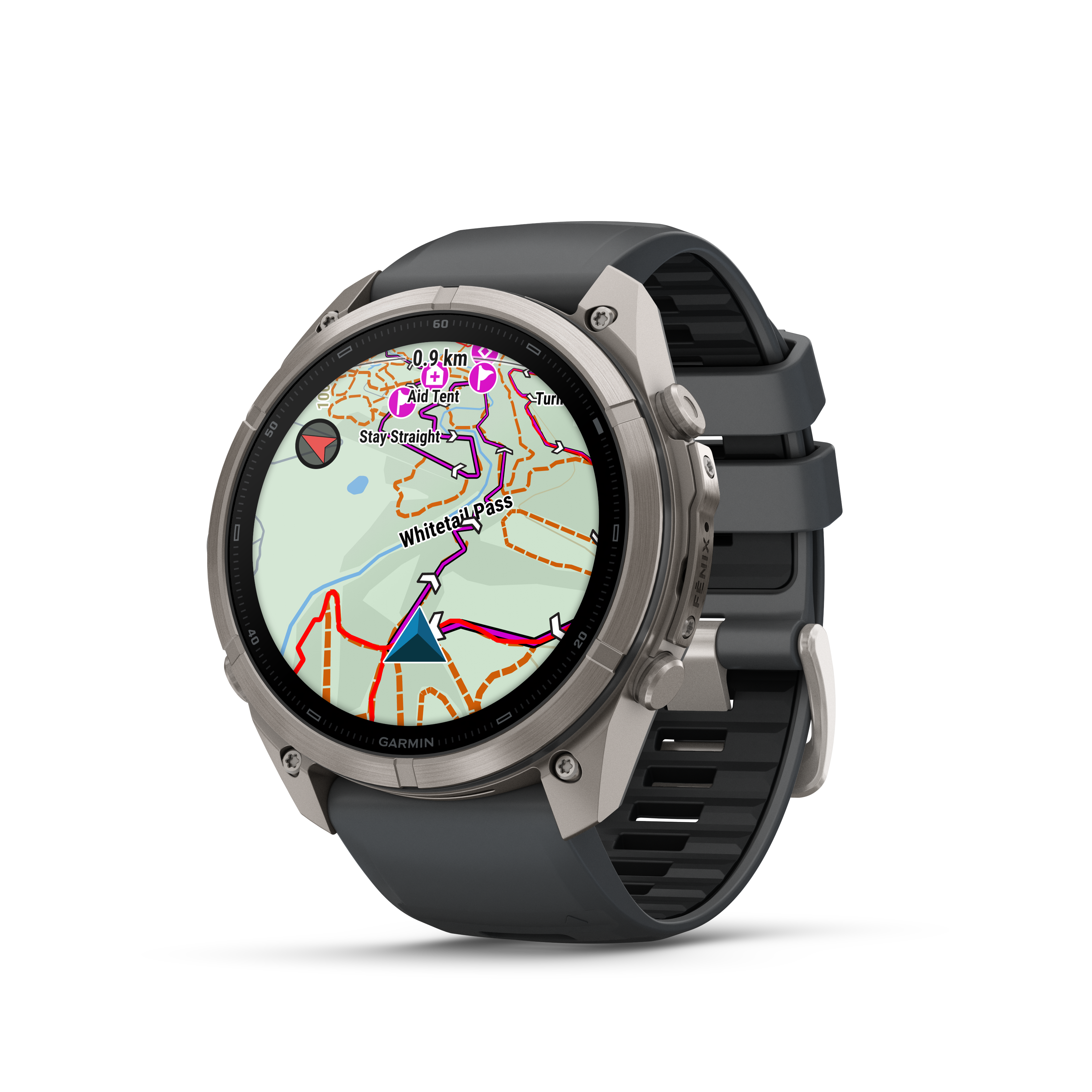 Eine Garmin-Smartwatch mit metallischer Lünette und dunkelgrauem Armband zeigt eine farbige topografische Karte auf dem runden Display.