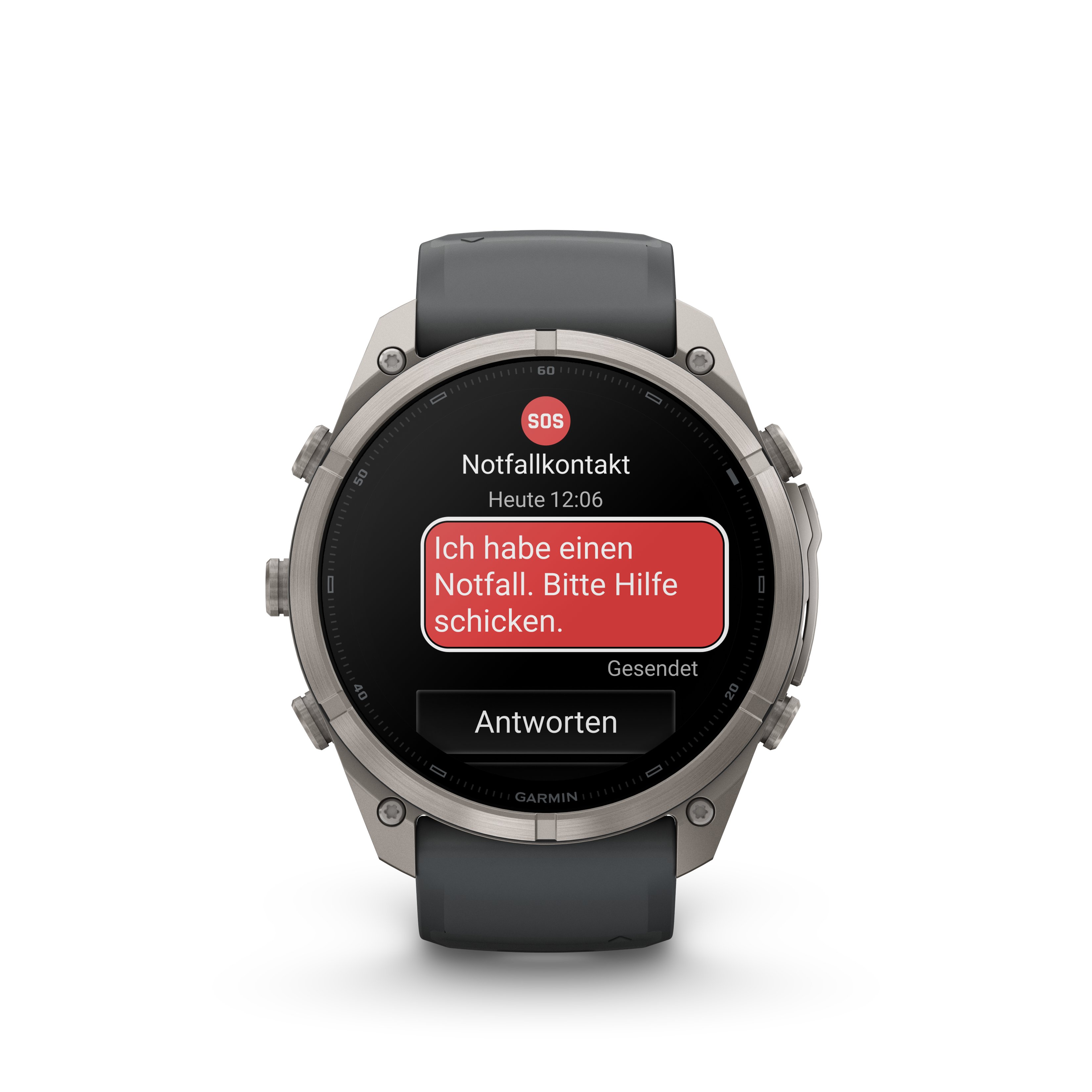 Eine Smartwatch zeigt eine Notfallnachricht auf dem Display.