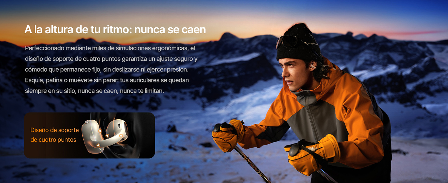 Esquiador con chaqueta naranja y gorro ante montañas nevadas con texto blanco.