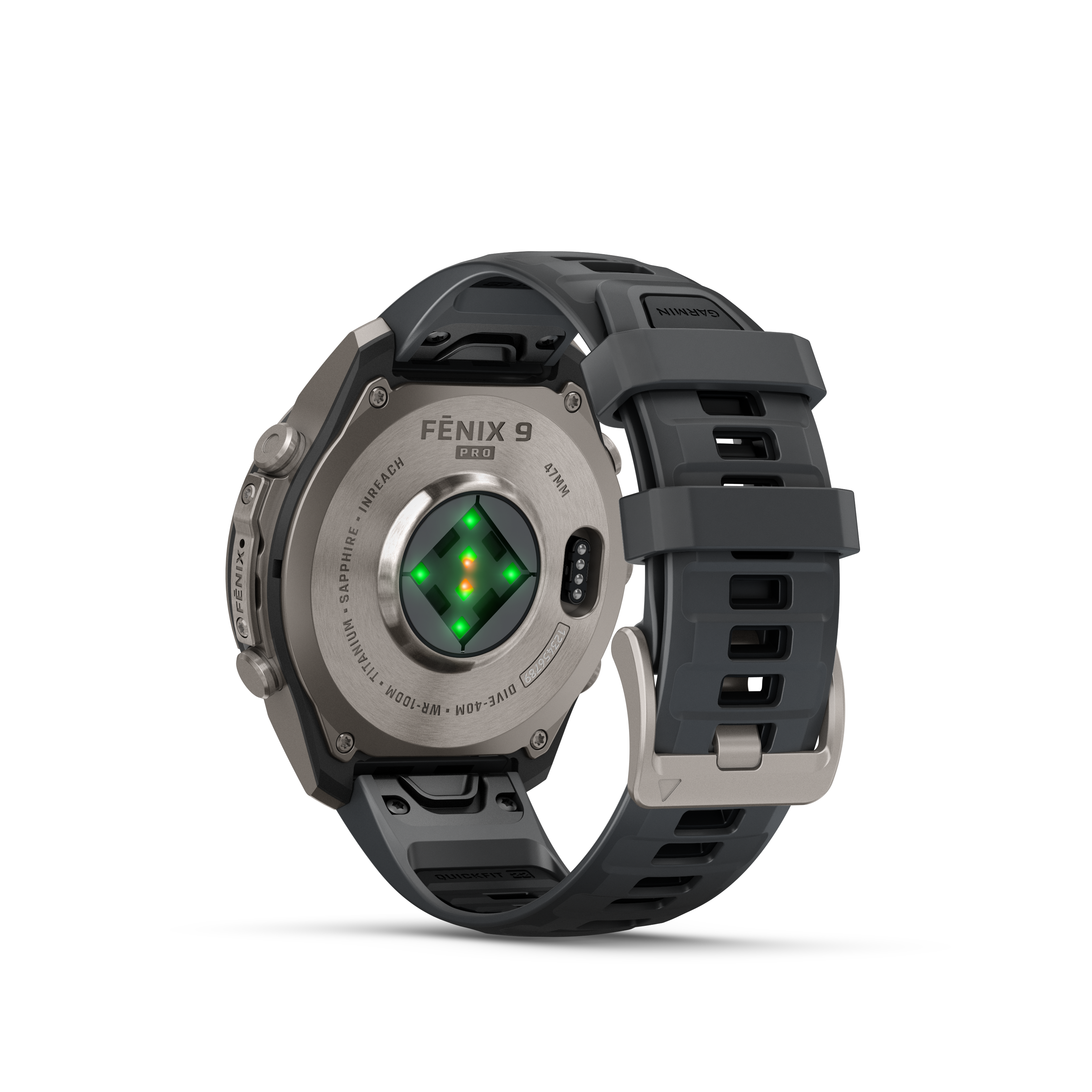 Rückseite einer Garmin Fenix 9 Pro Uhr mit Sensoren und grauem Silikonarmband vor schwarzem Hintergrund.