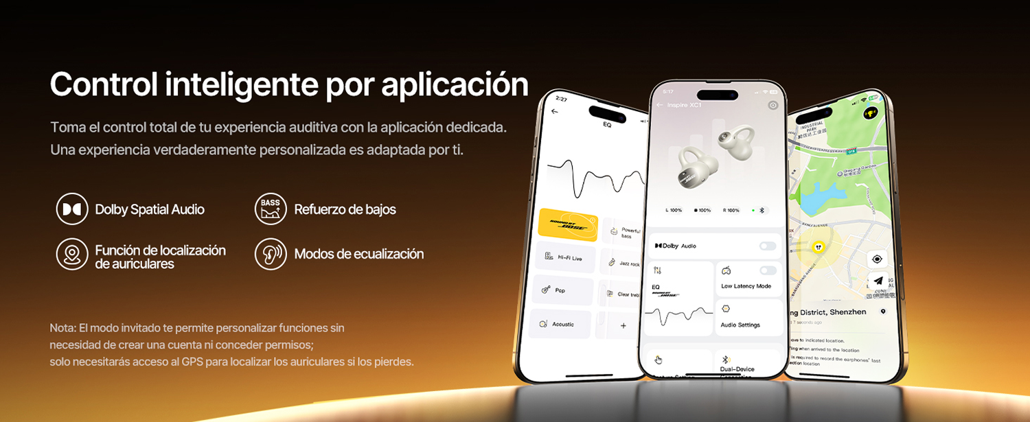 Tres teléfonos inteligentes muestran funciones de la aplicación como ecualizador, audio espacial y localizador.