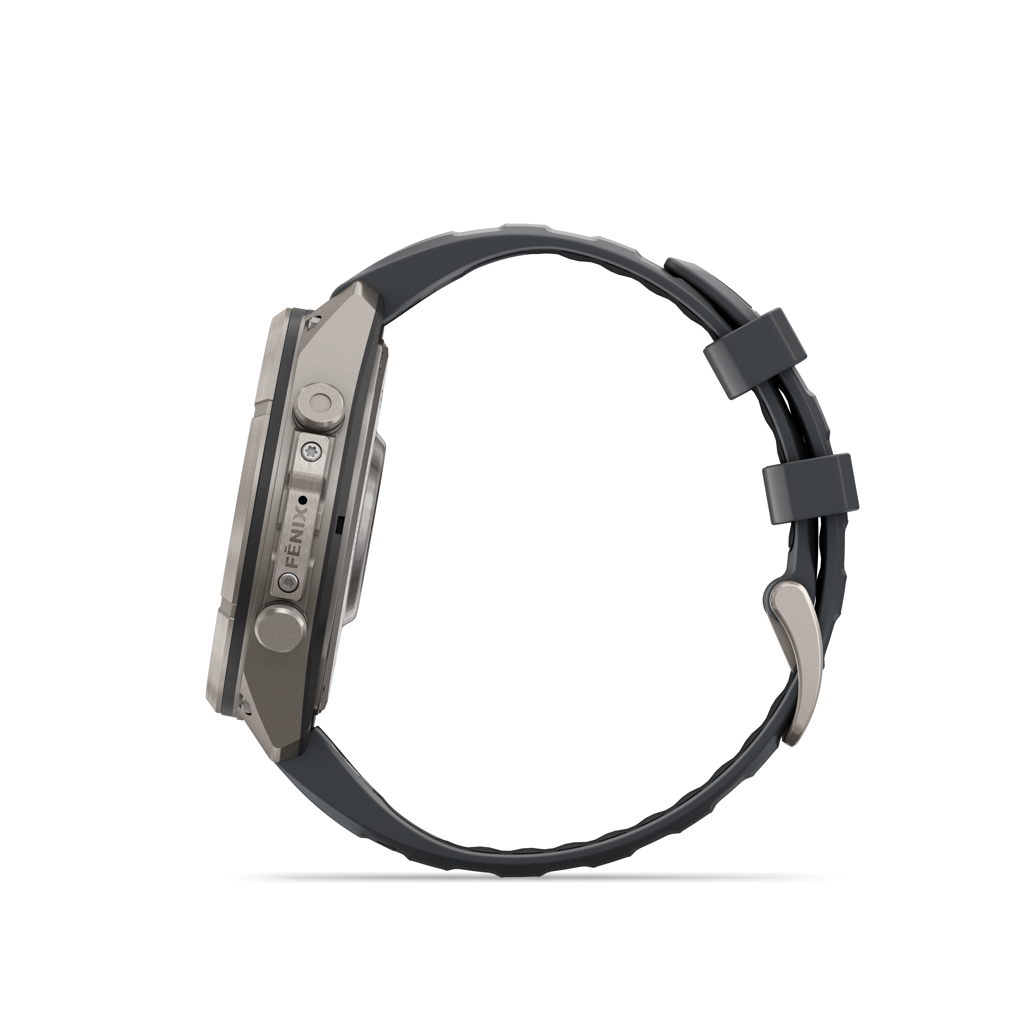 Eine silberne Sportuhr mit grauem Silikonarmband gegen schwarzen Hintergrund.