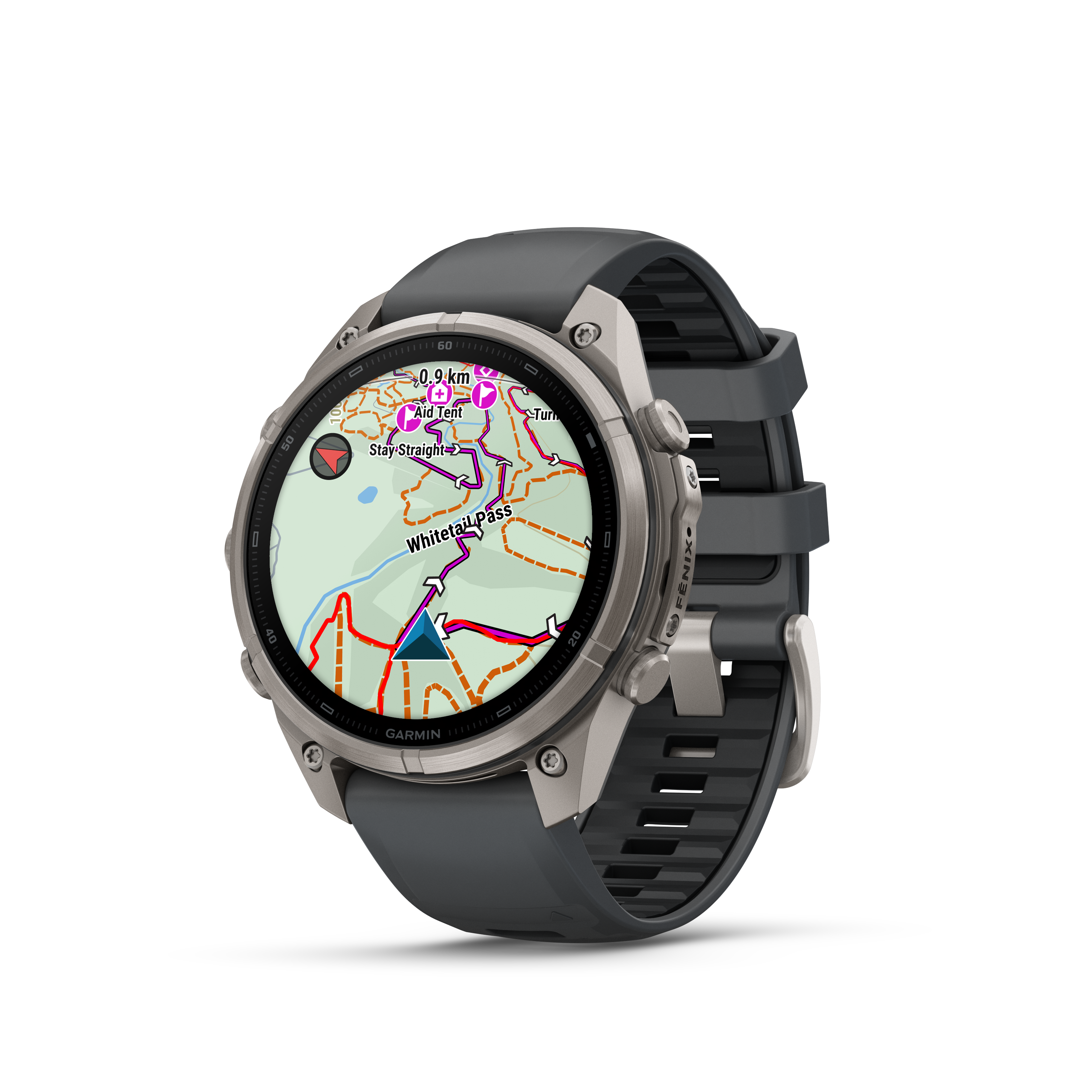 Eine Garmin Fenix Smartwatch mit grauen Armband und einer Wanderkarte auf dem runden Display.