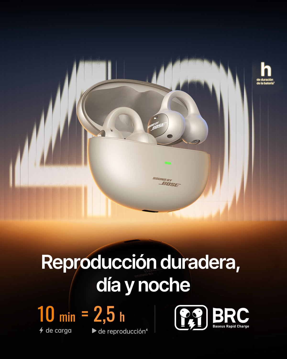 Auriculares Bose Ultra Open en un estuche de carga abierto sobre un fondo iluminado.