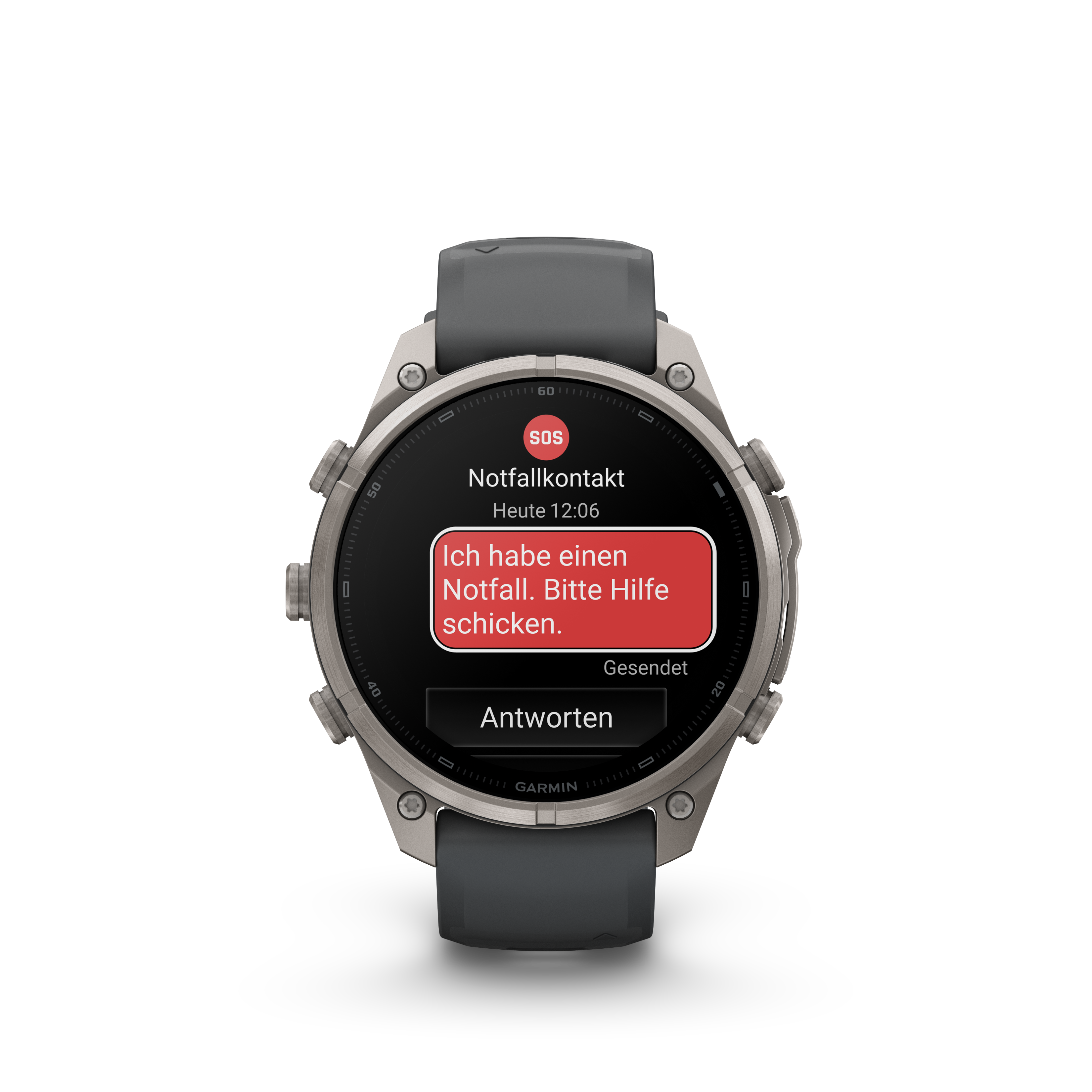 Eine Smartwatch zeigt eine SOS-Notfallnachricht mit rotem Hintergrund und dem Text 'Ich habe einen Notfall'.