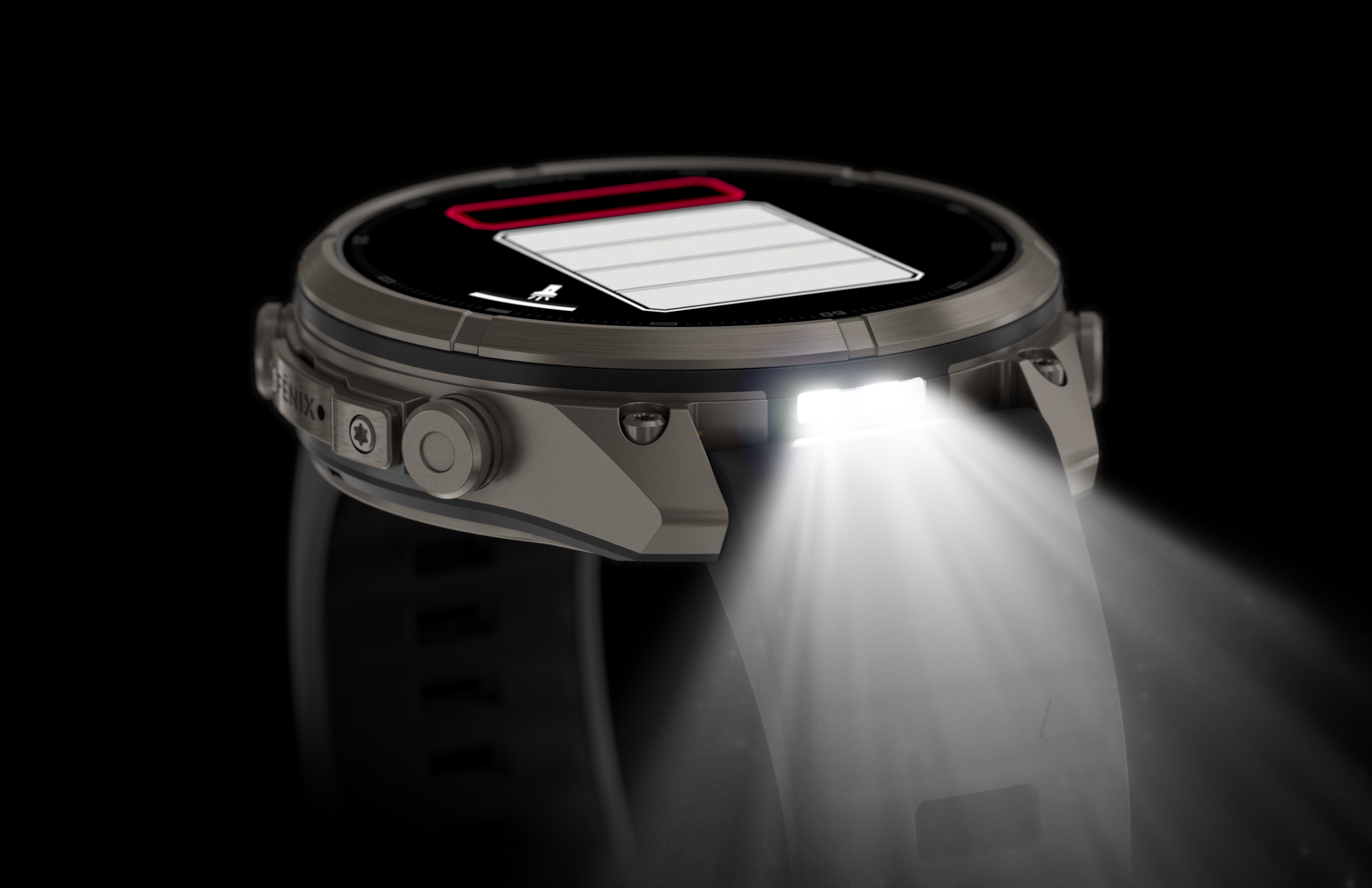 Eine dunkle Smartwatch mit integrierter heller LED-Taschenlampe, die einen Lichtkegel ausstrahlt vor schwarzem Hintergrund.
