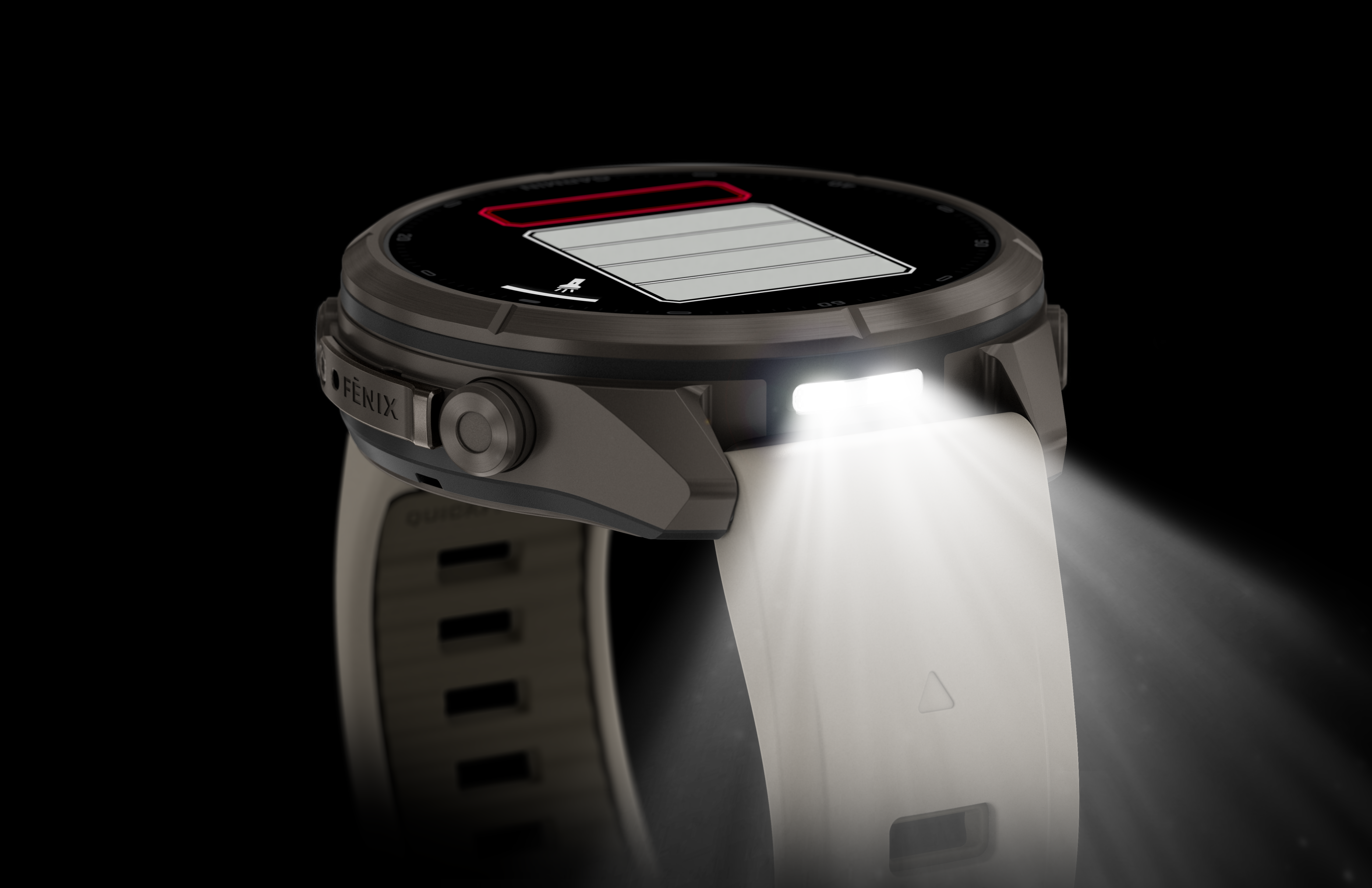 Eine graue Garmin Fenix Smartwatch mit integrierter LED-Taschenlampe, die hell leuchtet vor schwarzem Hintergrund.