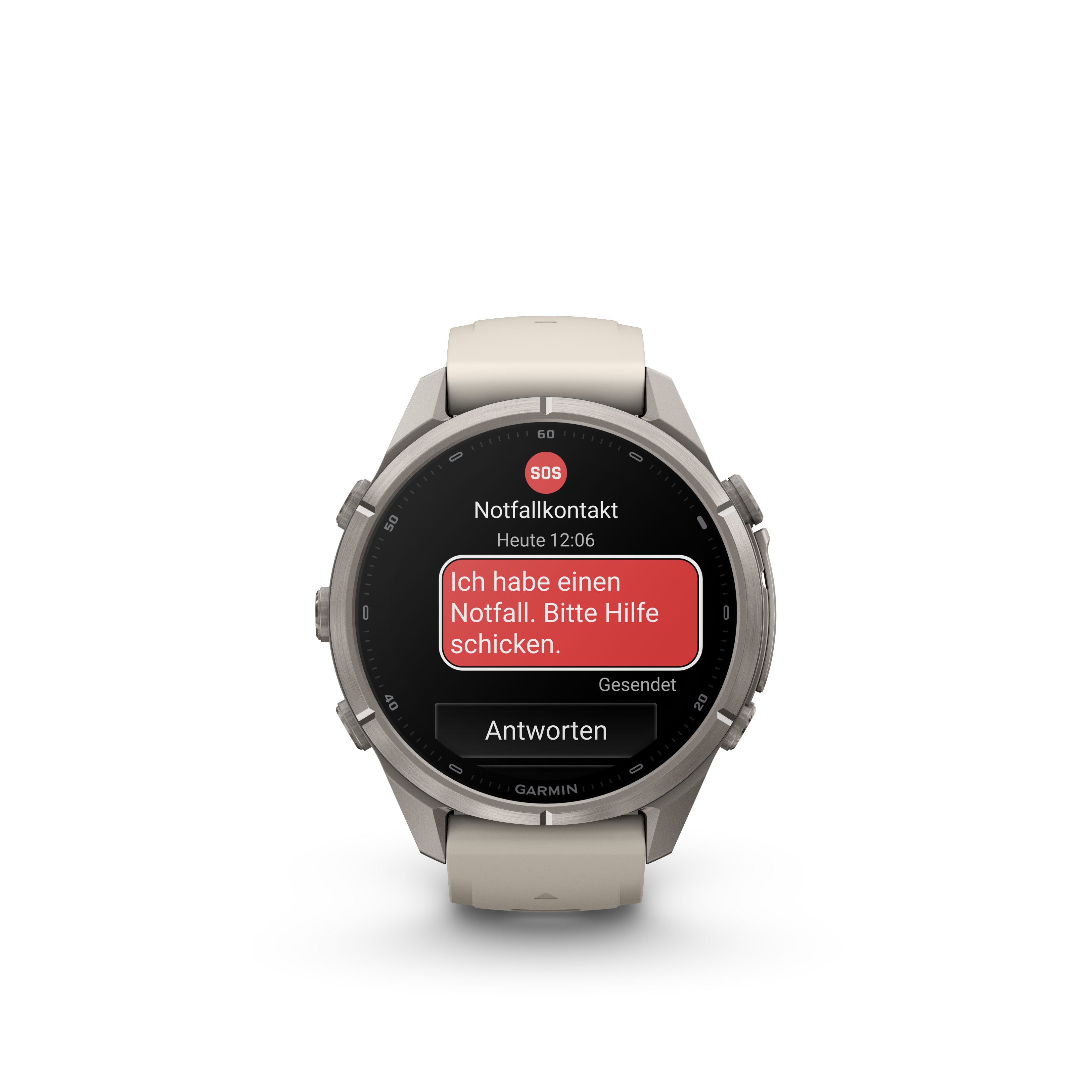 Eine Garmin-Smartwatch mit einer roten SOS-Notfallnachricht auf dem Display.
