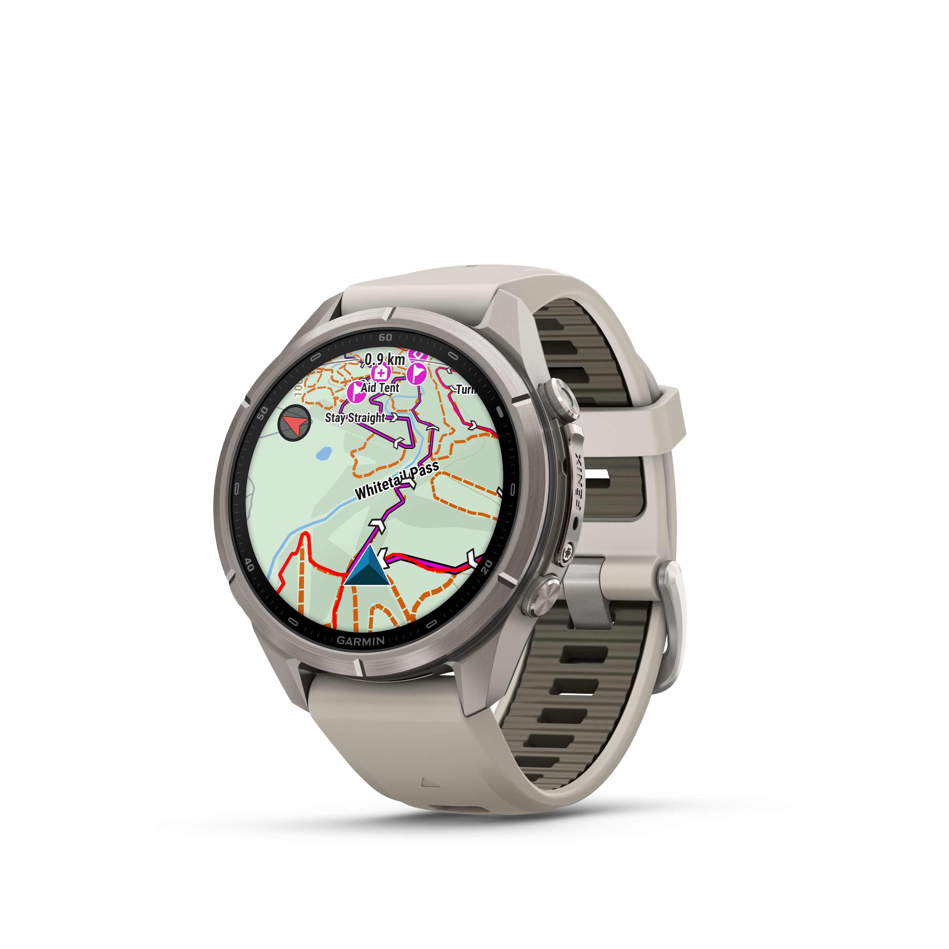 Eine beige Garmin-Smartwatch zeigt eine detaillierte digitale Karte auf dem Display gegen einen schwarzen Hintergrund.