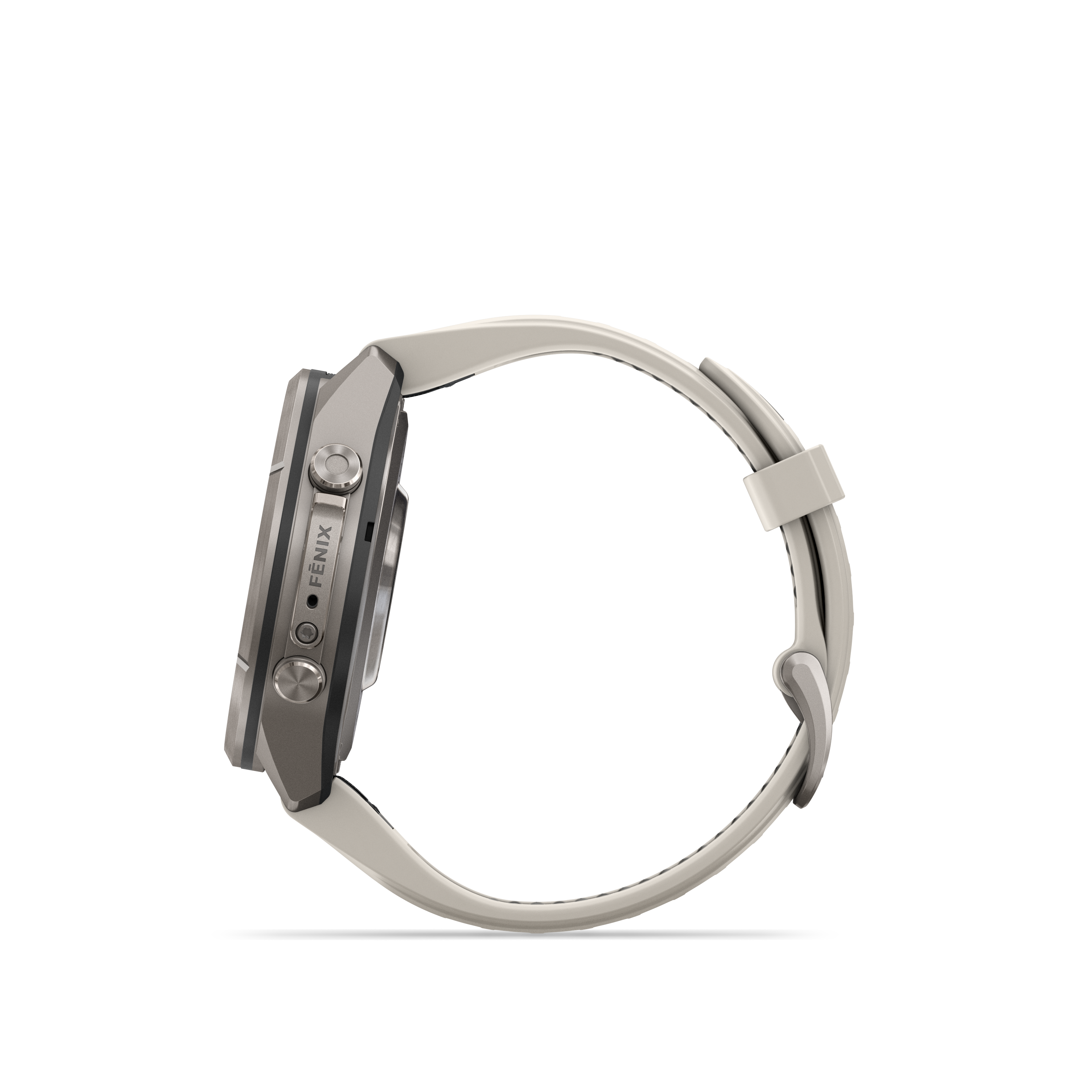Eine graue Garmin Fenix Smartwatch mit hellem Silikonarmband in Seitenansicht vor schwarzem Hintergrund.